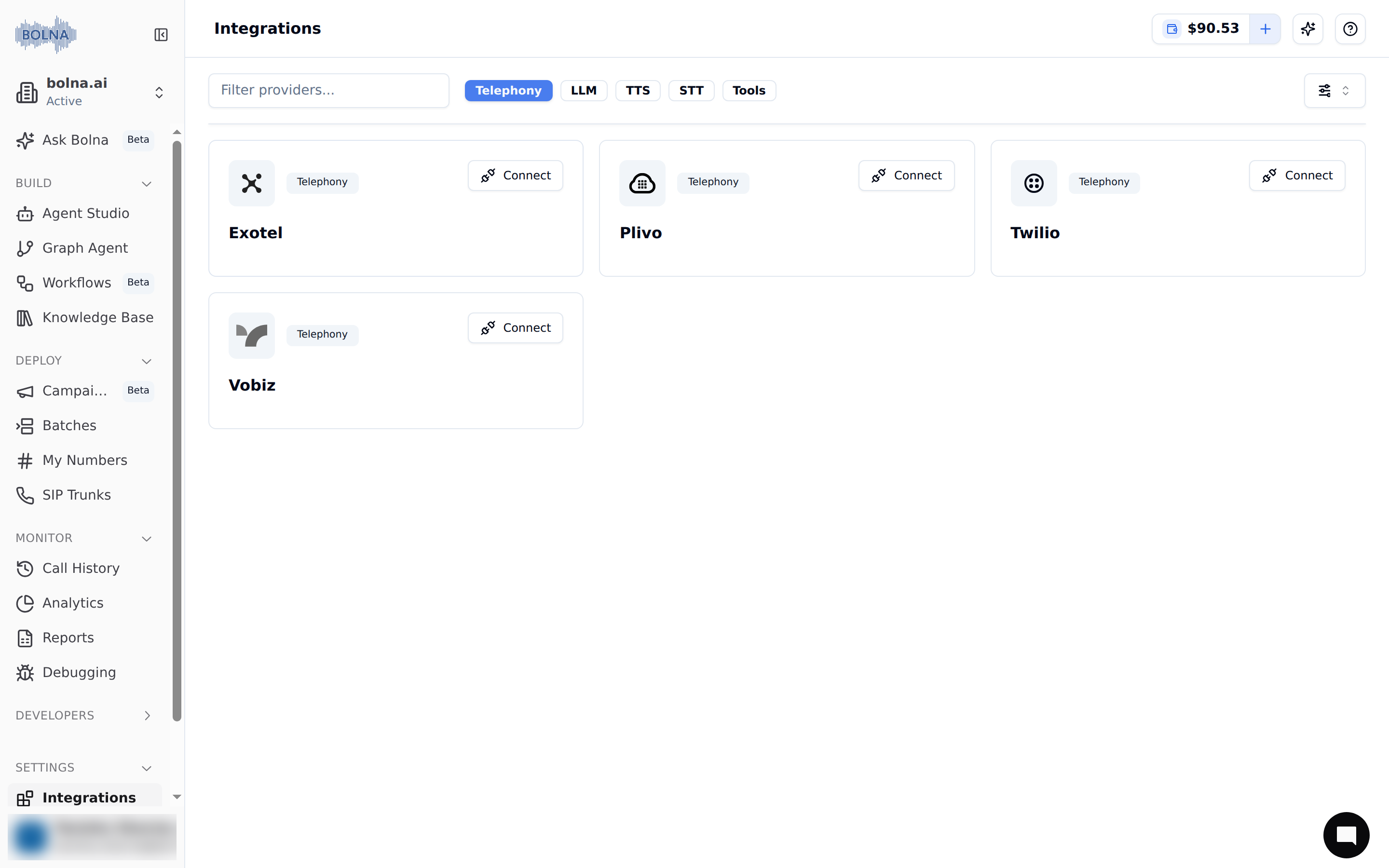 Settings → Integrations page in the Bolna dashboard filtered to Telephony, showing the Connect button on the Exotel card for integrating Exotel telephony with Voice AI agents