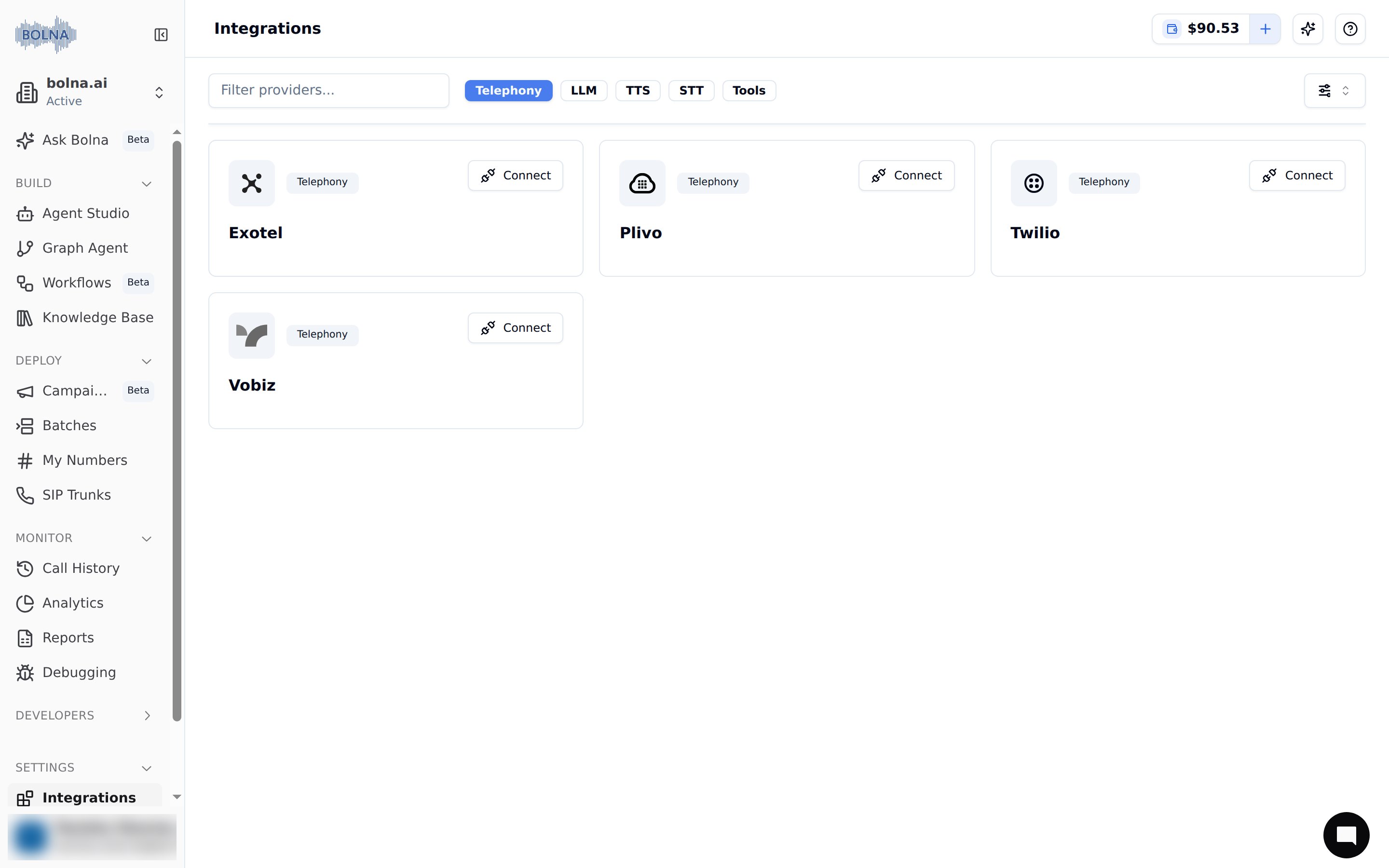 Settings → Integrations page in the Bolna dashboard filtered to Telephony, showing the Connect button on the Exotel card for integrating Exotel telephony with Voice AI agents