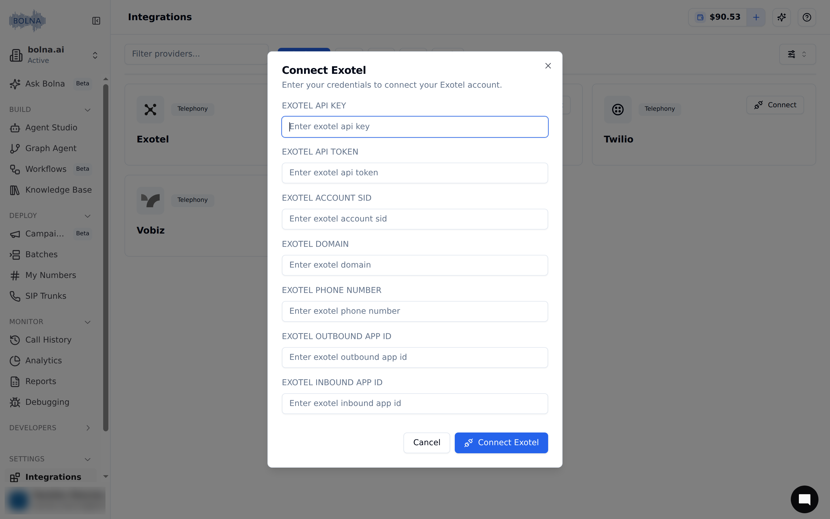 Exotel account connection form in Bolna showing Auth ID and Auth Token input fields for establishing secure connection