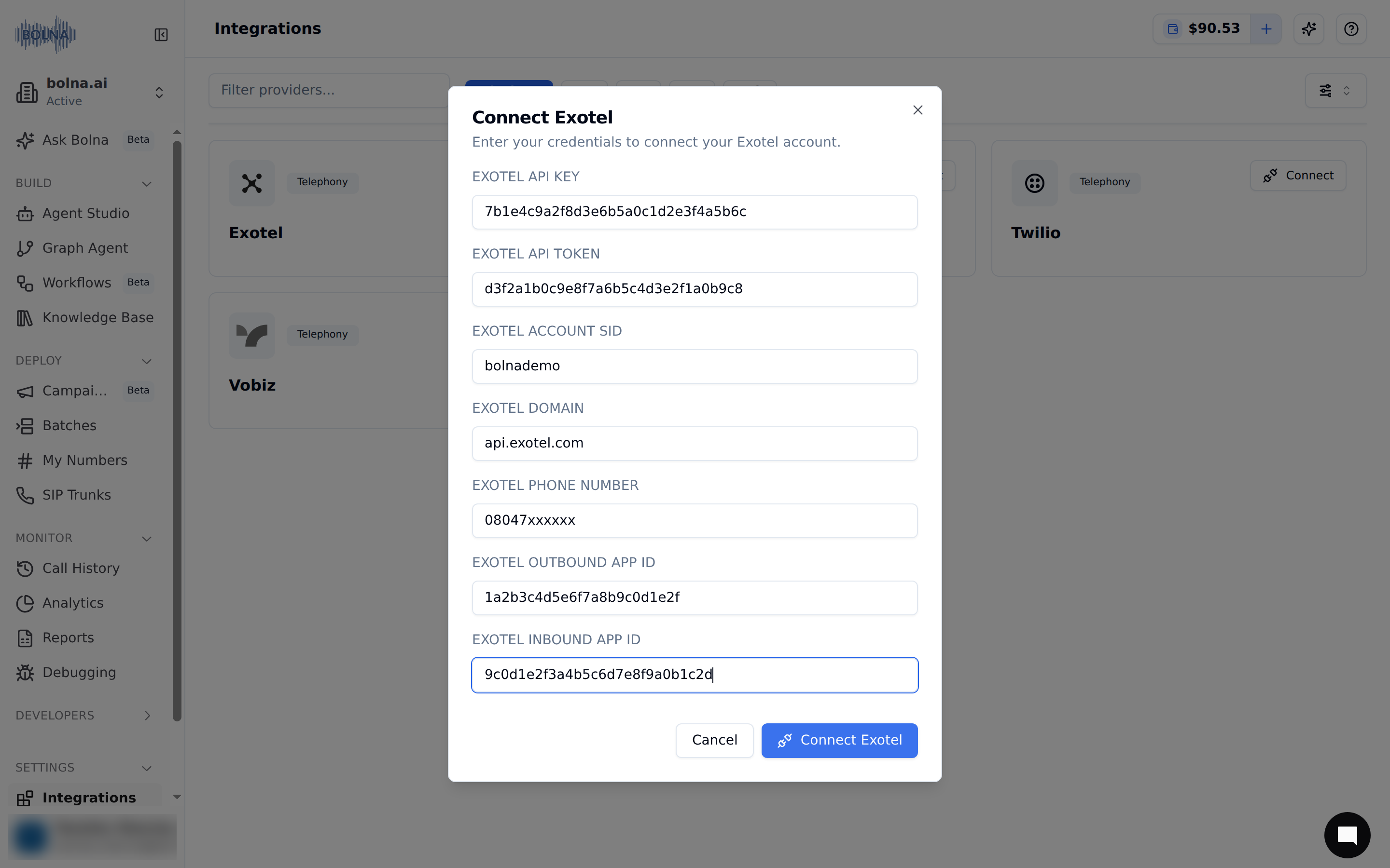 Exotel account connection confirmation screen in Bolna showing connect button to finalize telephony provider integration