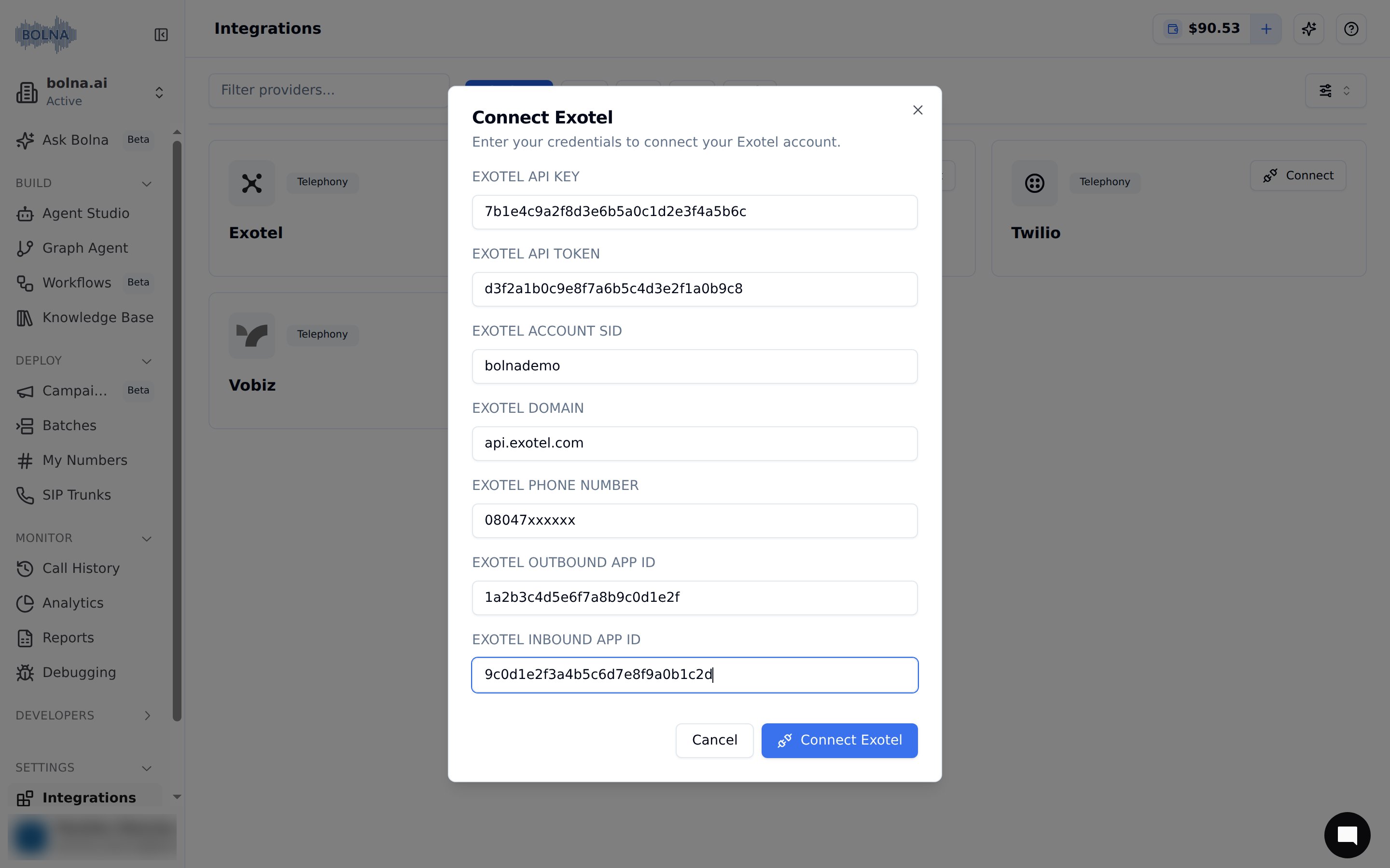 Exotel account connection confirmation screen in Bolna showing connect button to finalize telephony provider integration