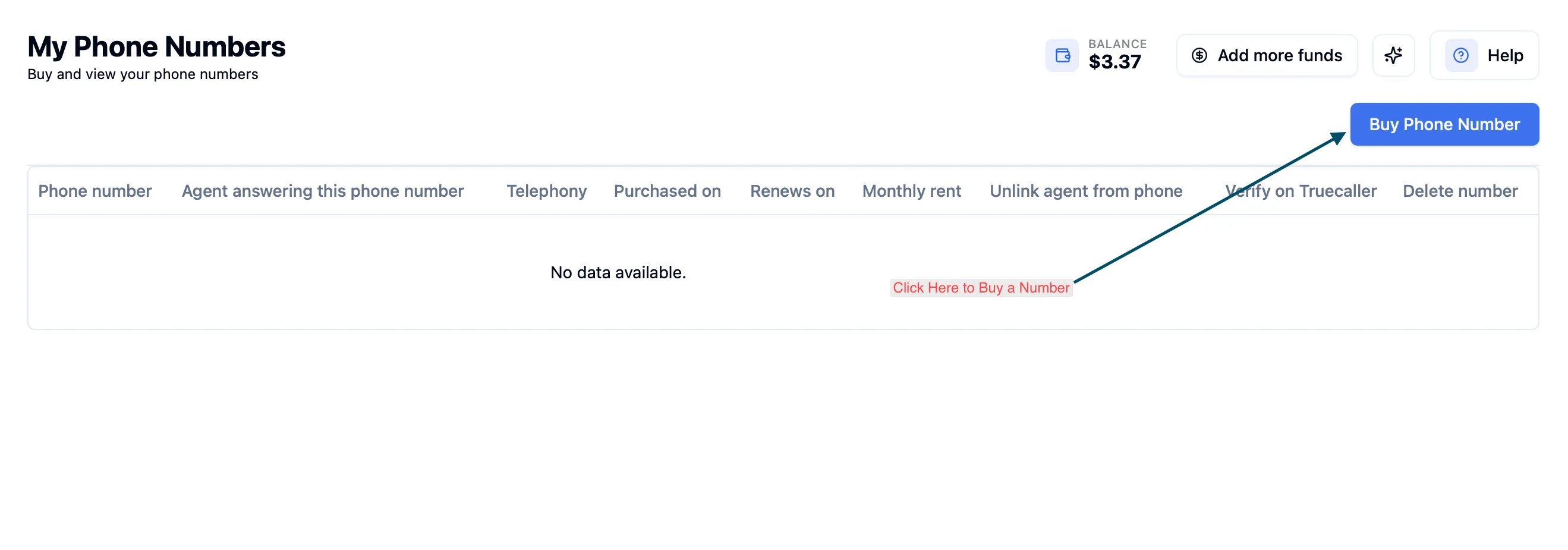 My Phone Numbers page showing the Buy Phone Number button in the top right, with columns for Phone number, Agent, Telephony, Purchased on, Renews on, Monthly rent, and Delete number