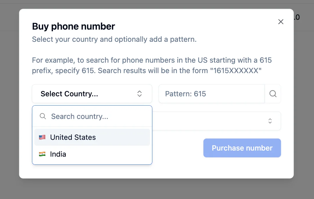 Buy phone number dialog with country dropdown open showing United States and India options