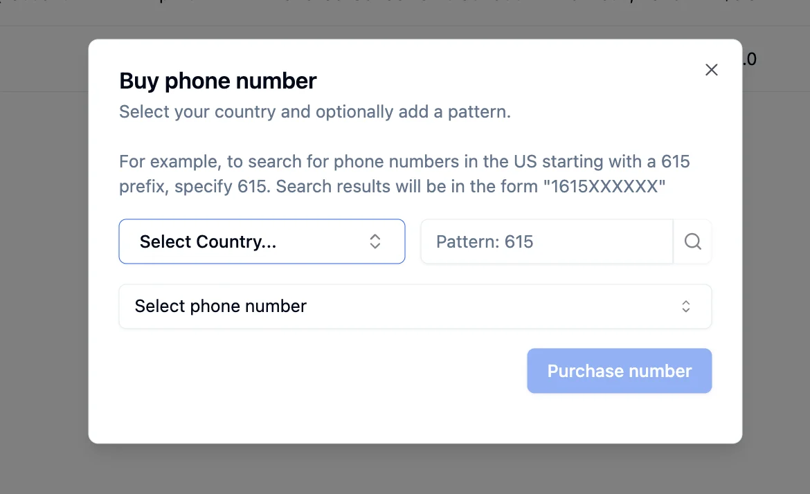 Buy phone number dialog with Select Country dropdown, Pattern search field, Select phone number dropdown, and Purchase number button