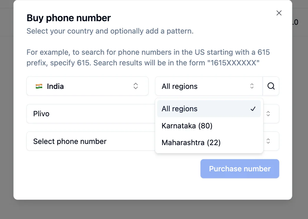 Buy phone number dialog with India selected, Plivo as provider, and region dropdown showing All regions, Karnataka (80), and Maharashtra (22)
