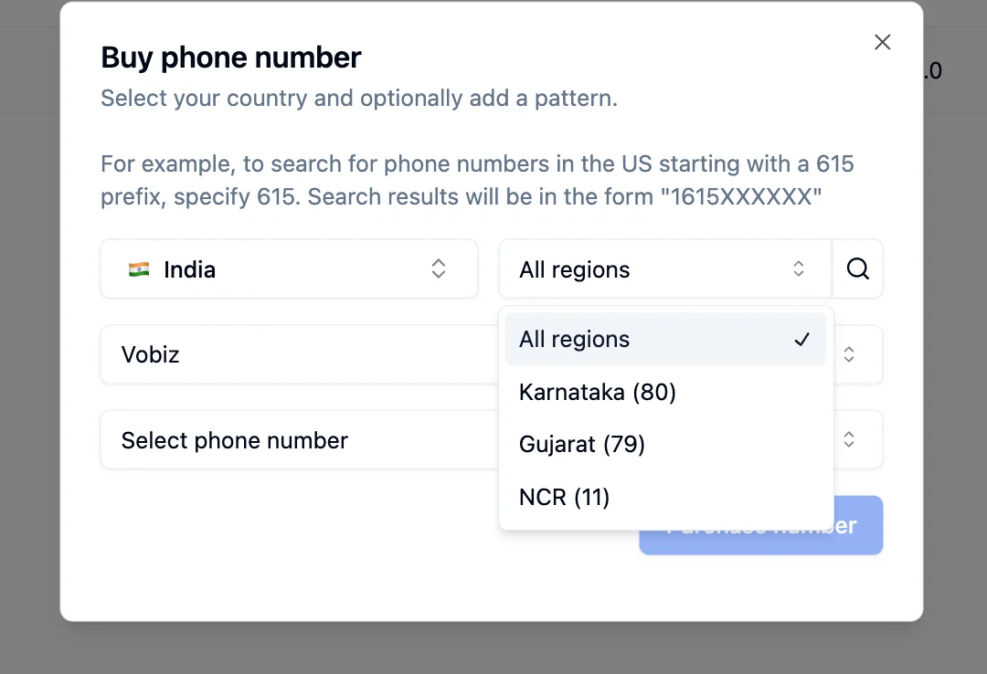 Buy phone number dialog with India selected, Vobiz as provider, and region dropdown showing All regions, Karnataka (80), Gujarat (79), and NCR (11)