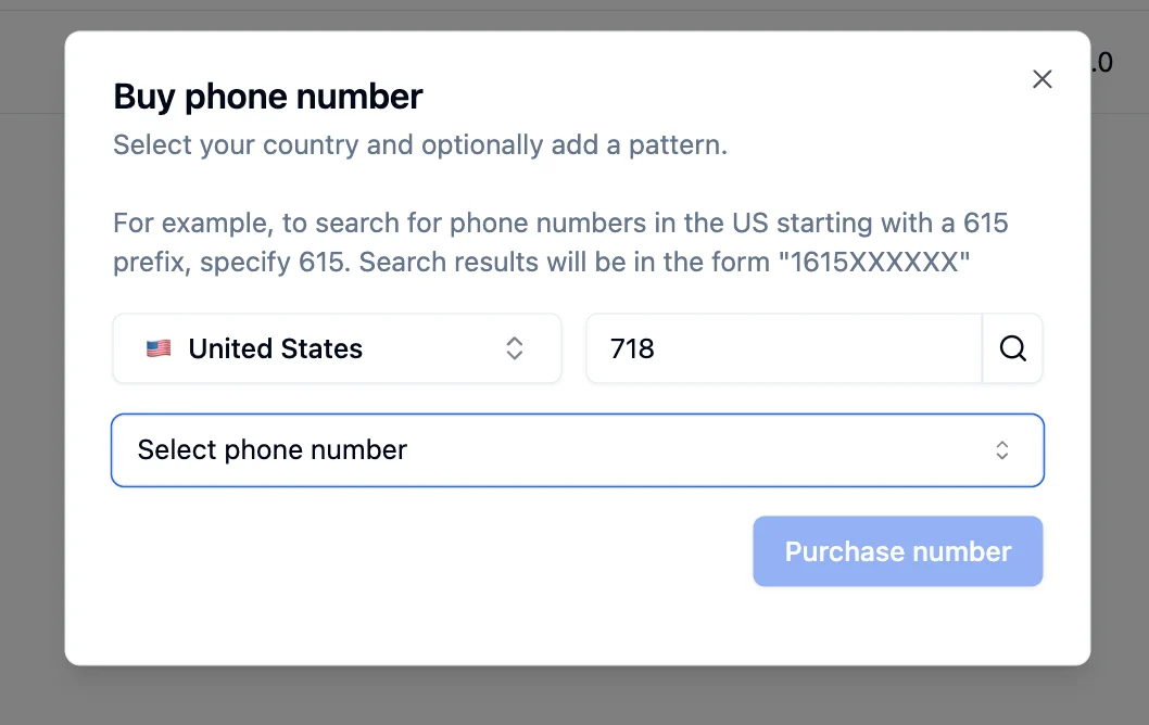 Buy phone number dialog with United States selected and 718 entered in the pattern field