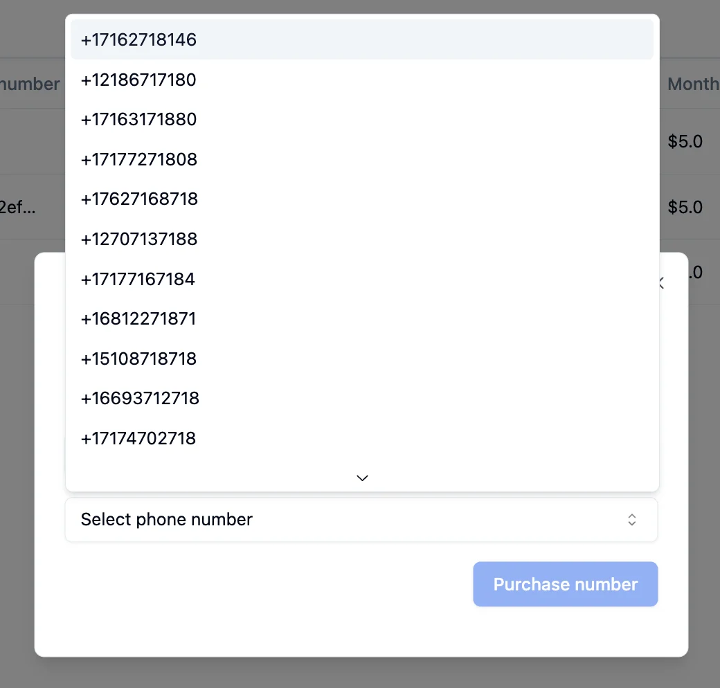 Phone number dropdown showing available US numbers like +17162718146, +12186717180, and others with $5.0 monthly pricing