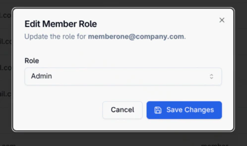 Edit member role dialog box showing a dropdown to select between Admin and Member roles for updating a team member's organization access