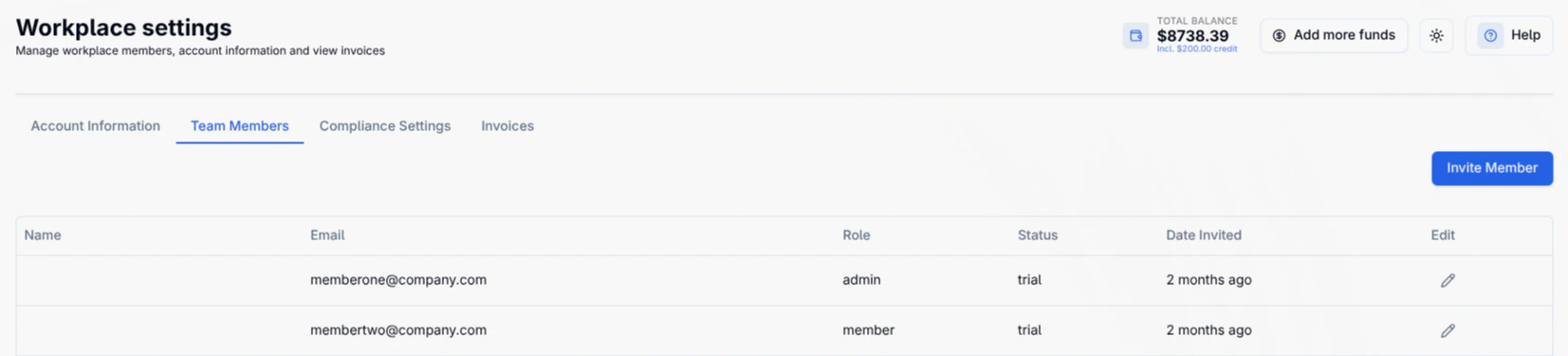 Bolna Organization Members page showing a list of team members with their email addresses, assigned roles, and management options
