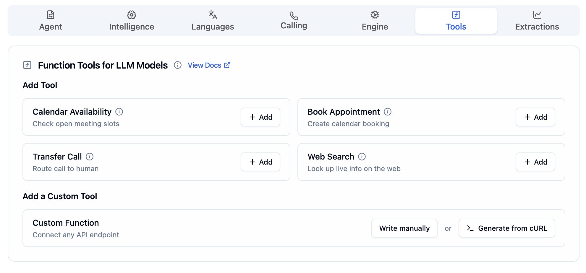 Bolna Tools Tab showing Function Tools for LLM Models with Calendar Availability, Book Appointment, Transfer Call and Web Search cards, and Custom Function section with Write manually and Generate from cURL buttons