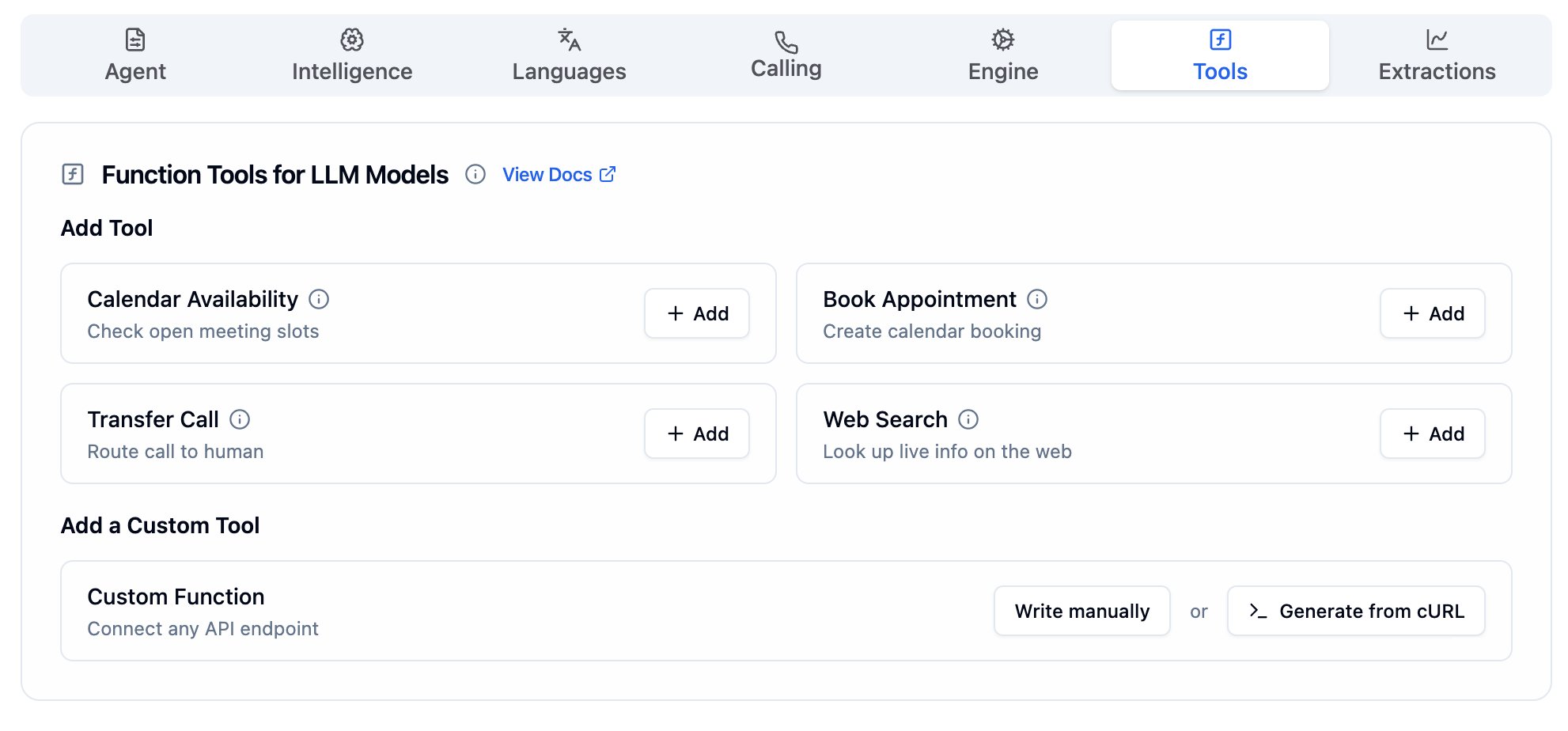Bolna Tools Tab showing Function Tools for LLM Models with Calendar Availability, Book Appointment, Transfer Call and Web Search cards, and Custom Function section with Write manually and Generate from cURL buttons
