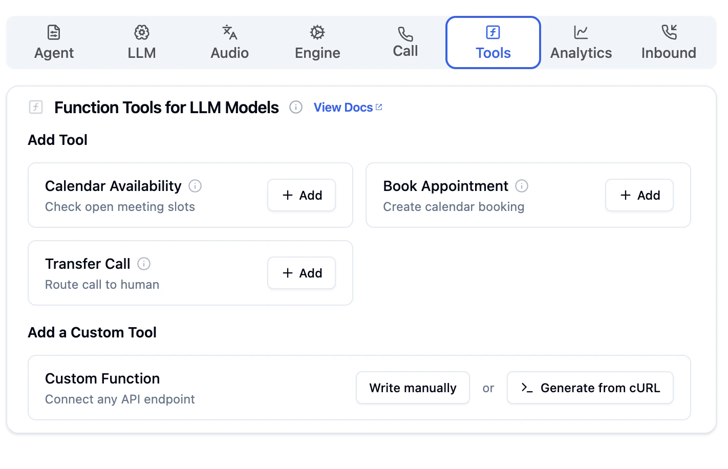 Tools tab in Bolna showing the custom function card with Write manually and Generate from cURL options