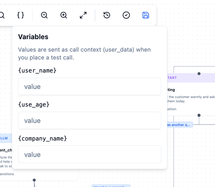 Variables panel open showing auto-discovered tokens as labelled input fields