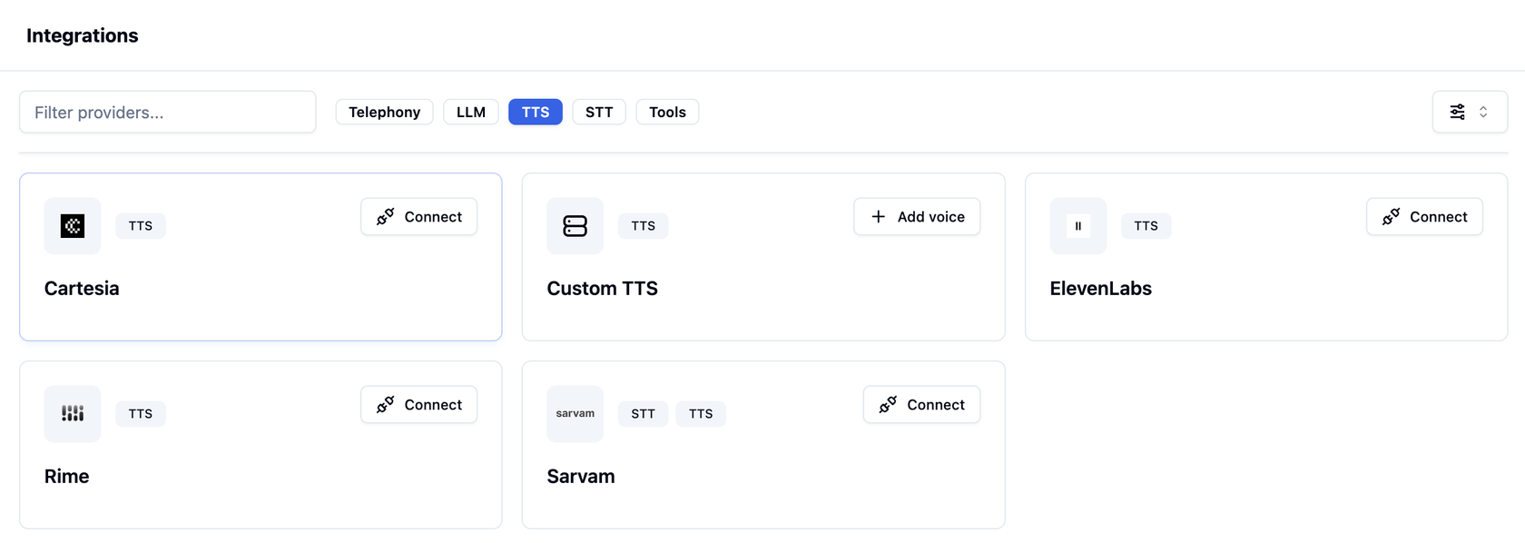 Integrations page filtered to TTS providers, showing the Custom TTS card with an Add voice button alongside Cartesia, ElevenLabs, Rime and Sarvam