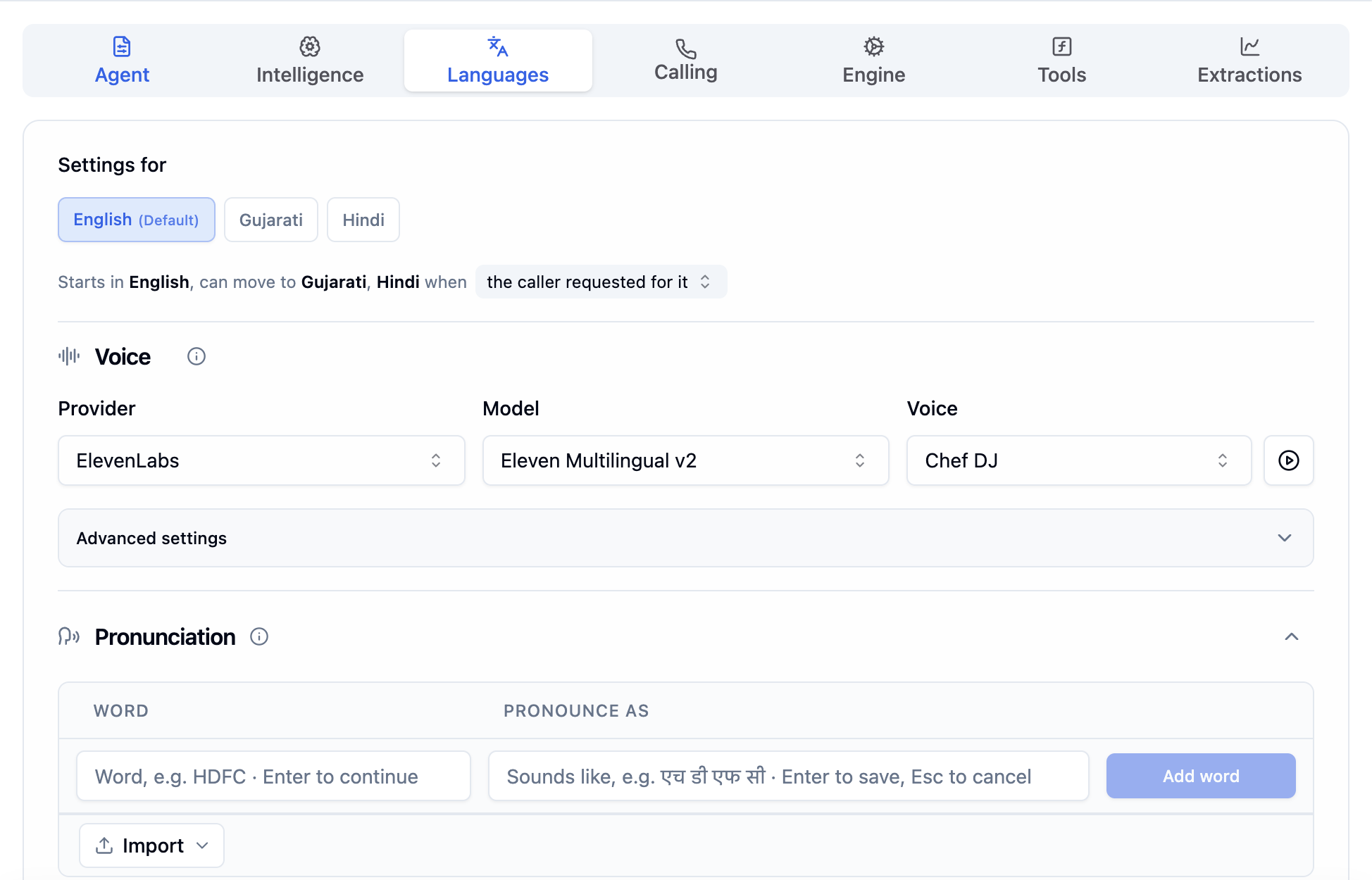 Languages tab with English (Default), Gujarati and Hindi in the Settings for strip, the Voice section with ElevenLabs, Eleven Multilingual v2 and the Chef DJ voice, and below it the Pronunciation section with Word and Pronounce as fields, an Add word button and an Import button