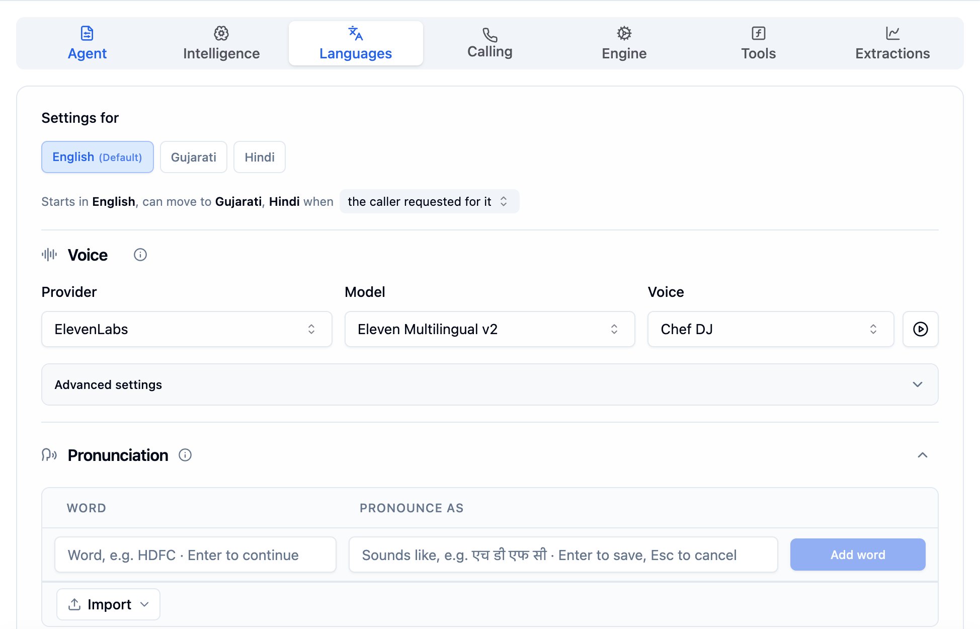 Languages tab with English (Default), Gujarati and Hindi in the Settings for strip, the Voice section with ElevenLabs, Eleven Multilingual v2 and the Chef DJ voice, and below it the Pronunciation section with Word and Pronounce as fields, an Add word button and an Import button