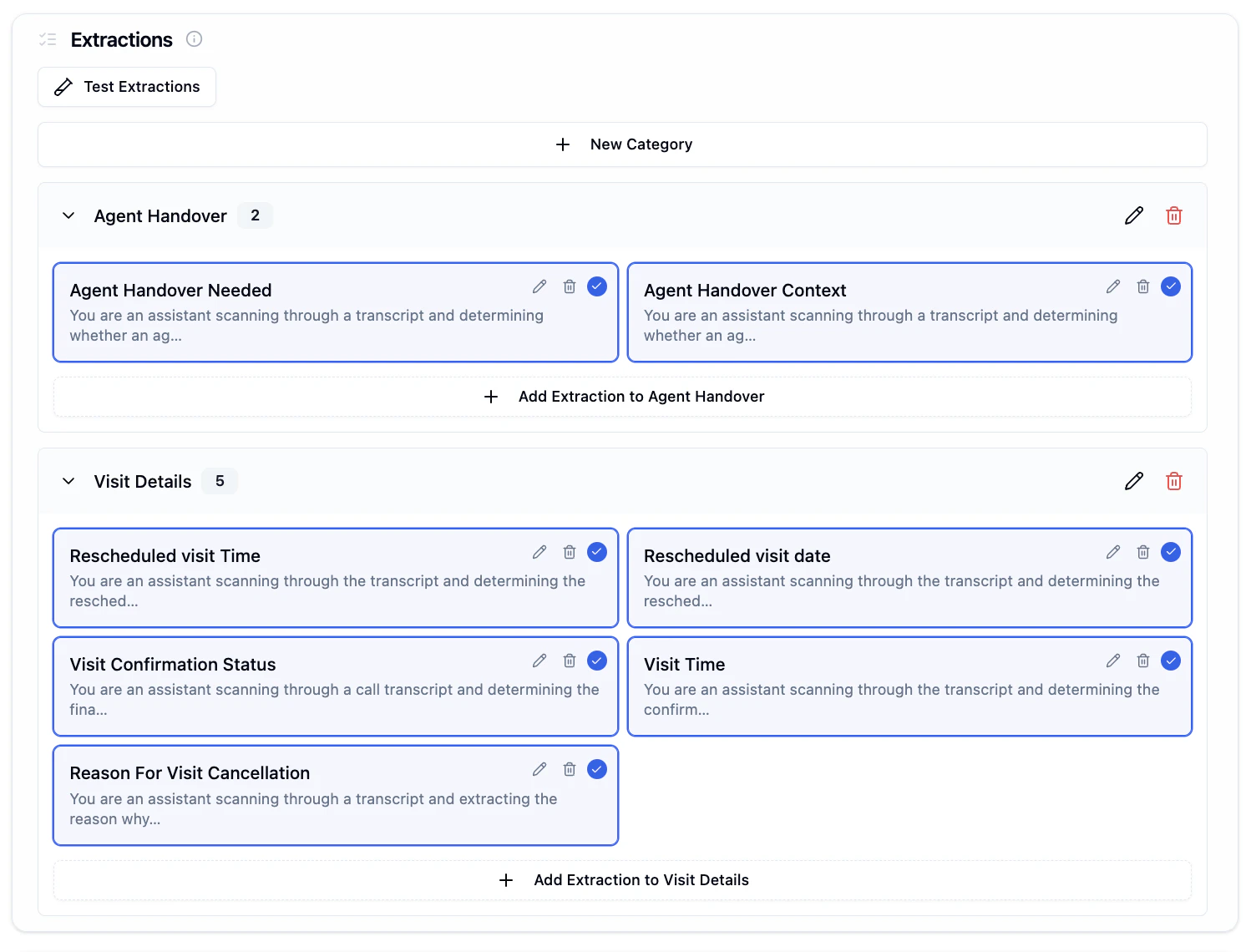 Extractions interface showing categories and extraction templates