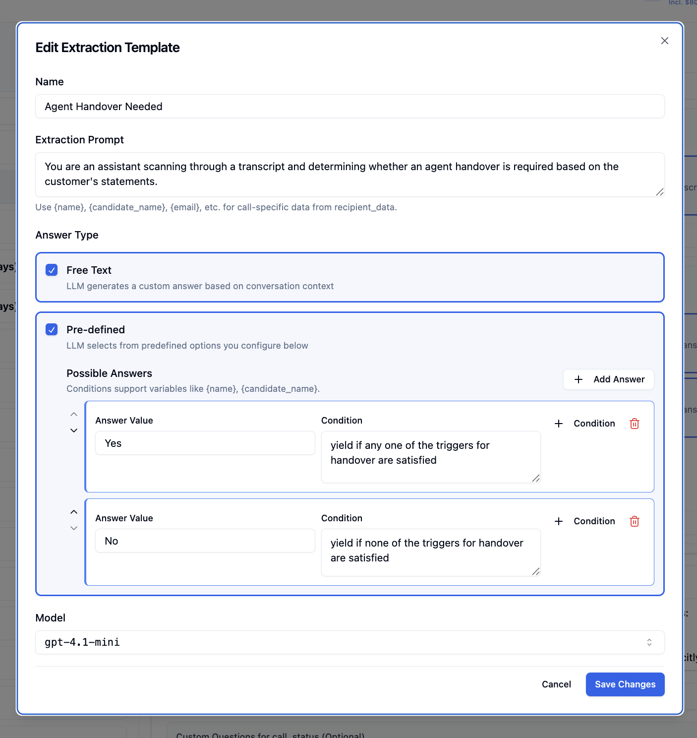 Edit extraction template showing predefined answer options with conditions