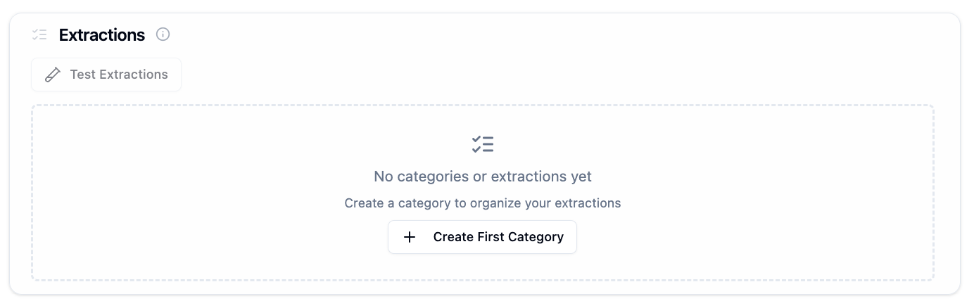 Empty extractions state with Create First Category button