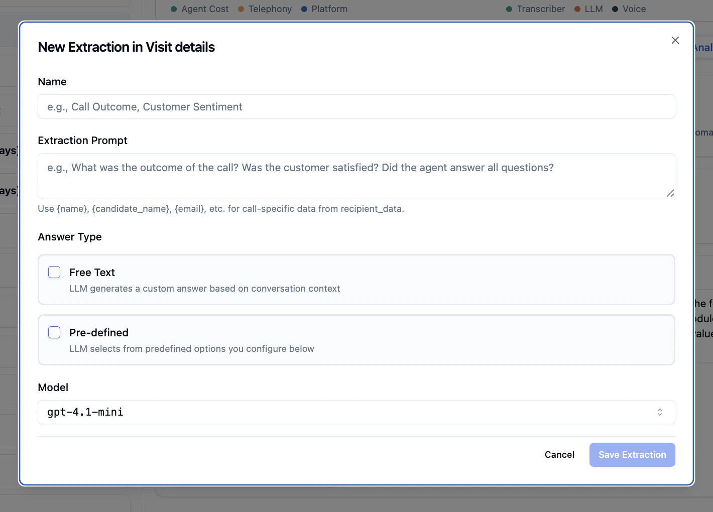 New extraction form showing name, prompt, answer type, and model fields