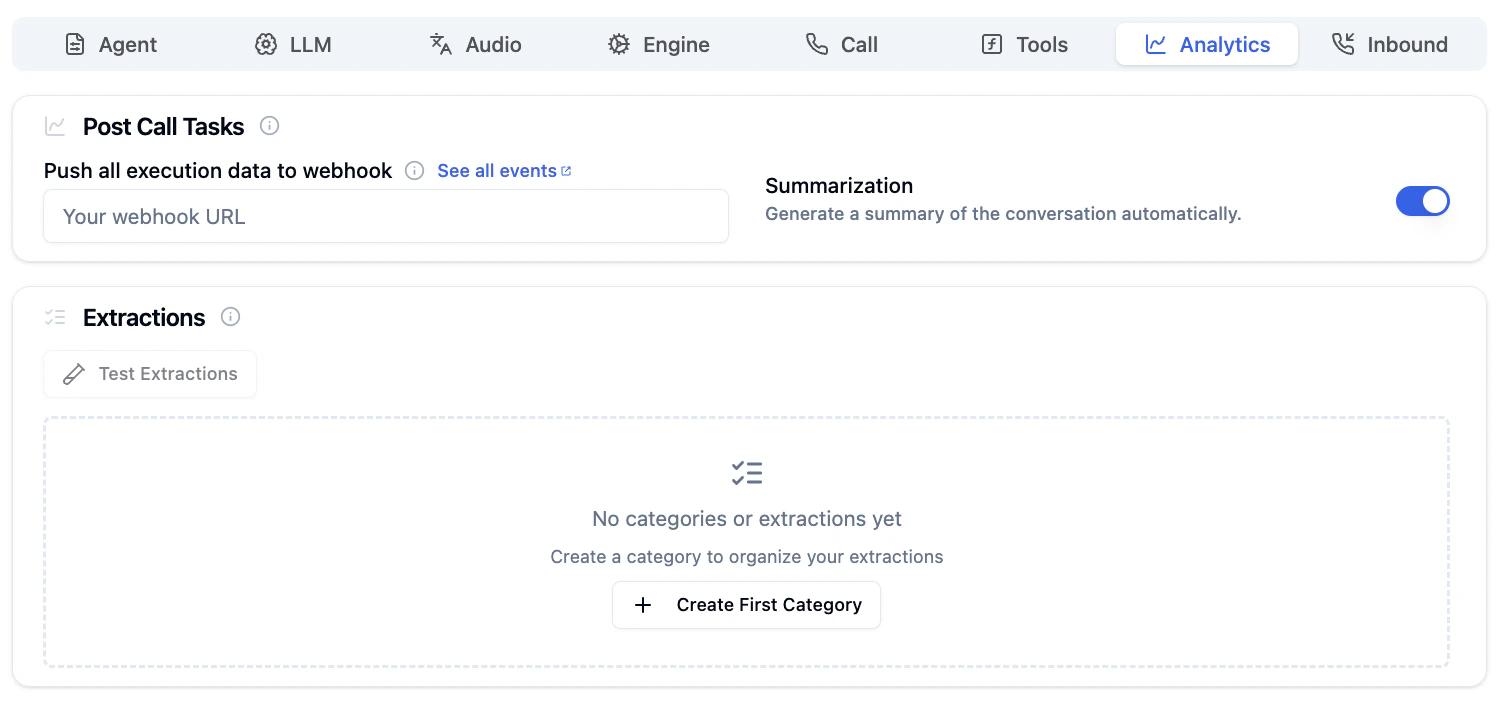 Analytics Tab showing webhook configuration and post-call tasks