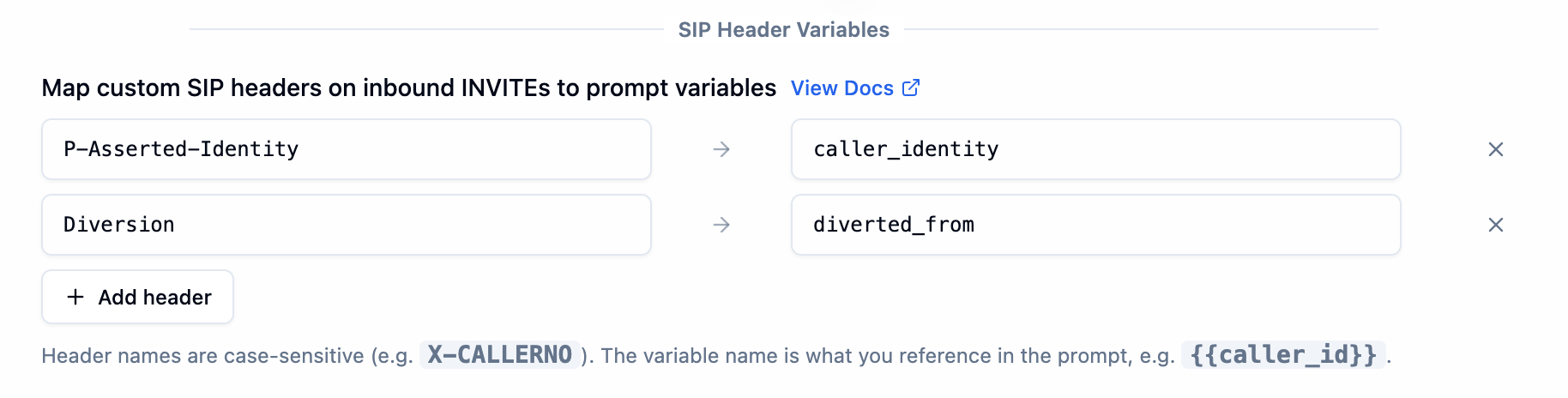 Agent Calling tab, SIP Header Variables section under Inbound Calling, with P-Asserted-Identity mapped to caller_identity and Diversion mapped to diverted_from