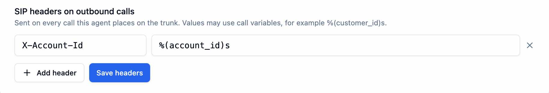 Agent Tools tab, SIP headers on outbound calls section, with an X-Account-Id header whose value is %(account_id)s, and Add header and Save headers buttons