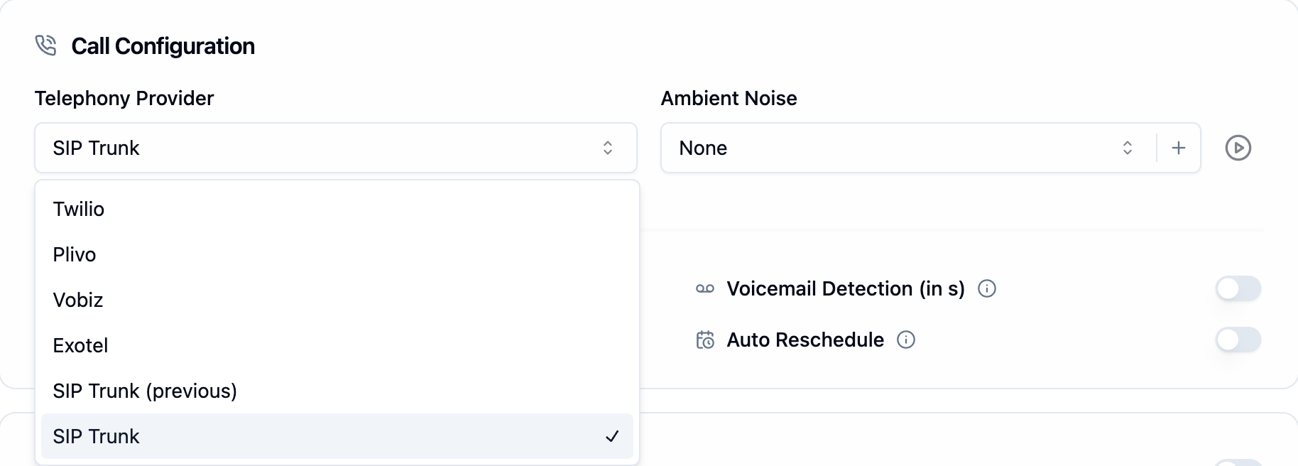Agent Calling tab, Call Configuration card, with the Telephony Provider dropdown open and SIP Trunk selected
