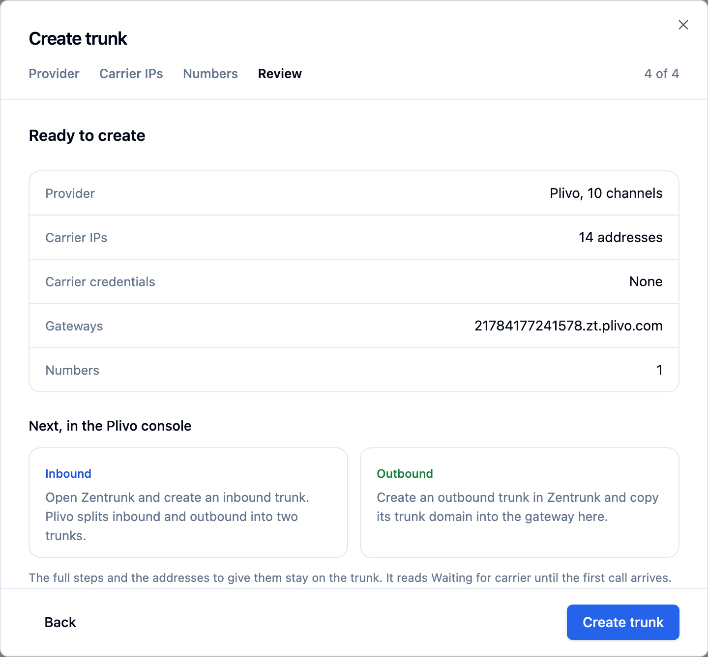 Create trunk dialog on the Review step, summarizing provider, carrier IPs, carrier credentials, gateways and numbers, with Inbound and Outbound next-step cards and a Create trunk button