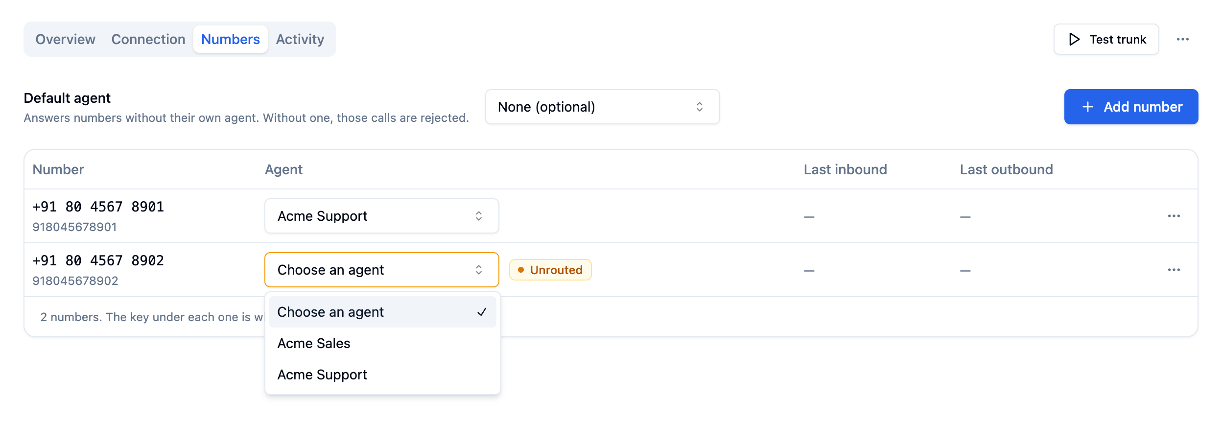 Trunk Numbers tab with a Default agent selector above a table of numbers, one row's Agent dropdown open listing agents, and another row marked Unrouted