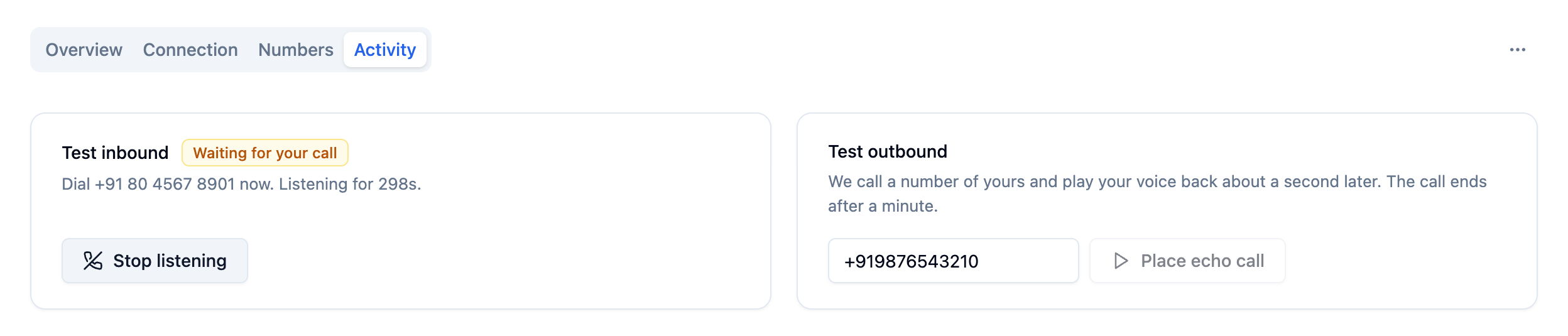 Trunk Activity tab with the Test inbound card waiting for a call, showing Dial the number now, Listening for a countdown and a Stop listening button, and the Test outbound card with a number in the Number to call field next to the Place echo call button