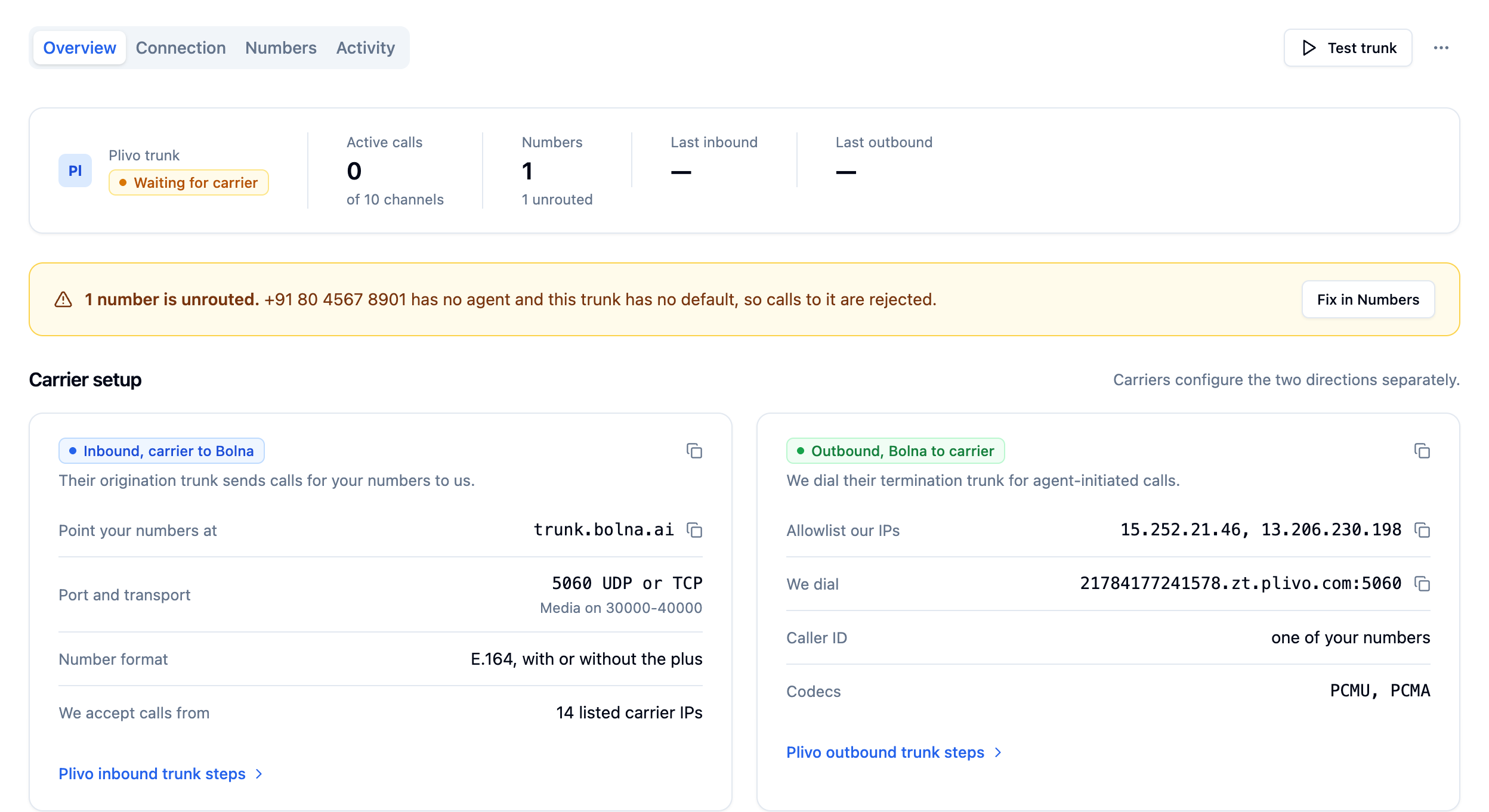 Trunk Overview tab with a Waiting for carrier health badge, and the Carrier setup section showing the Inbound, carrier to Bolna card and the Outbound, Bolna to carrier card with copy buttons