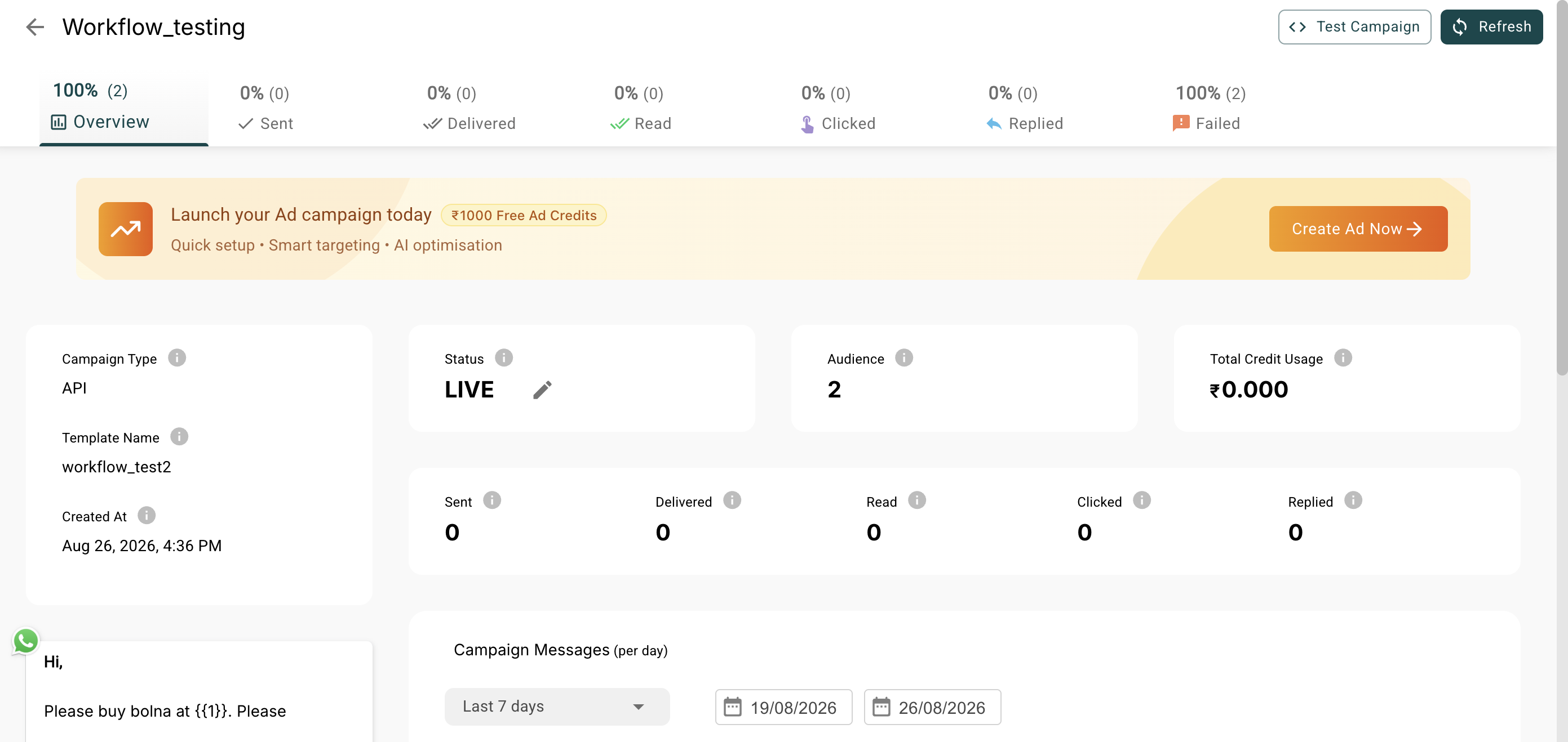 AiSensy campaign overview for Workflow_testing showing status LIVE, campaign type API and template name workflow_test2