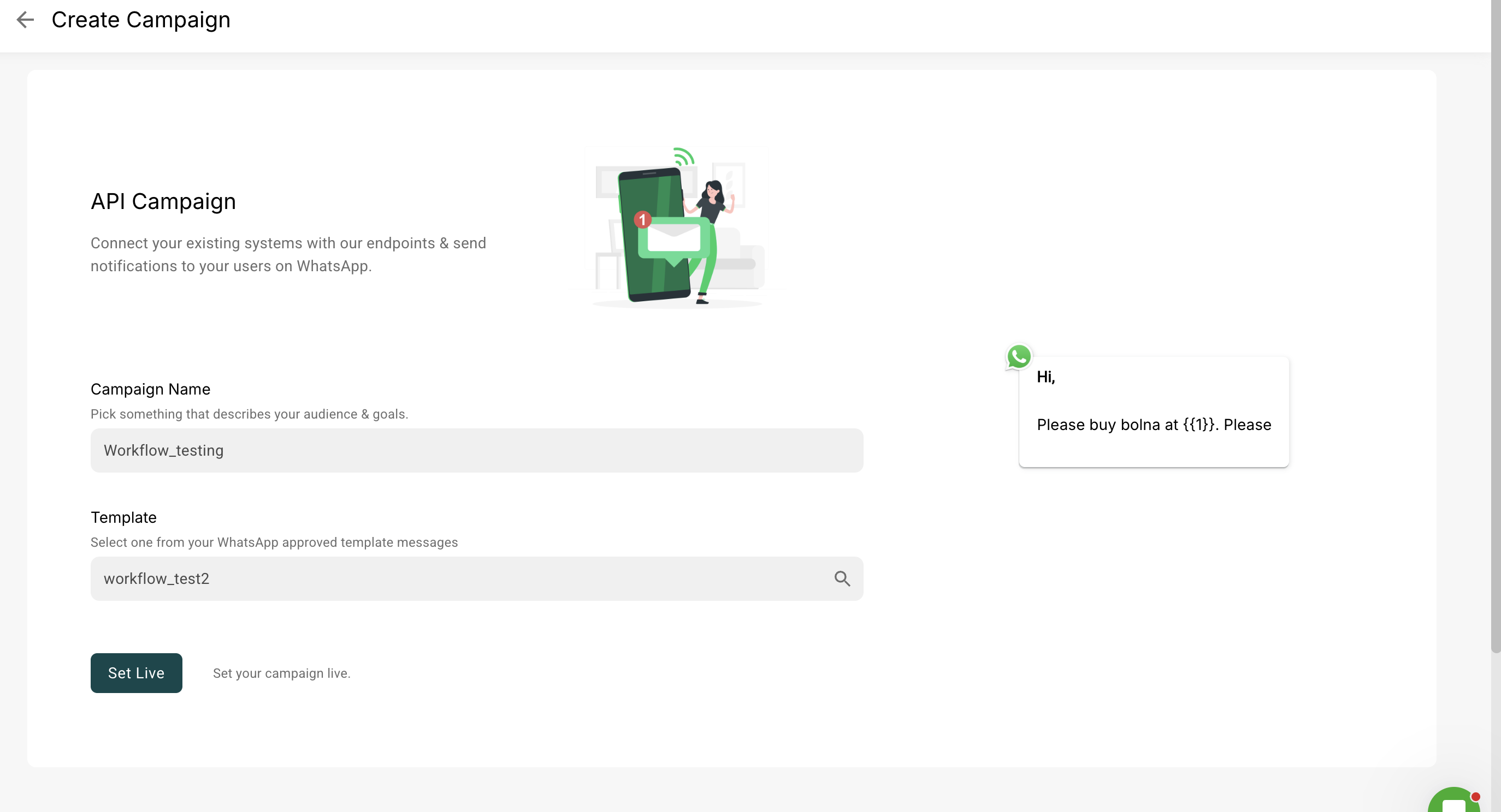 AiSensy Create Campaign form for an API Campaign with a campaign name field and a template selector