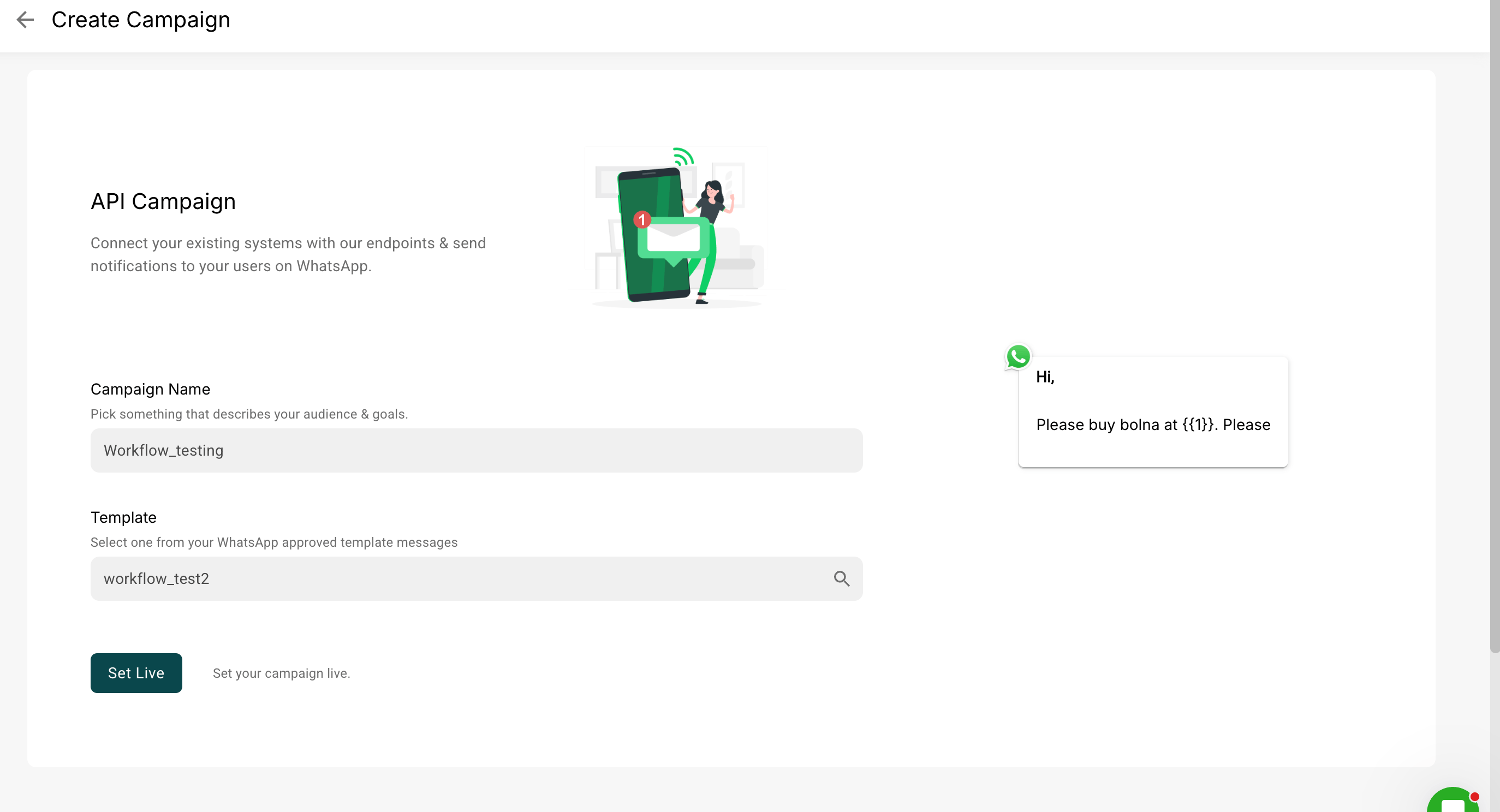 AiSensy Create Campaign form for an API Campaign with a campaign name field and a template selector