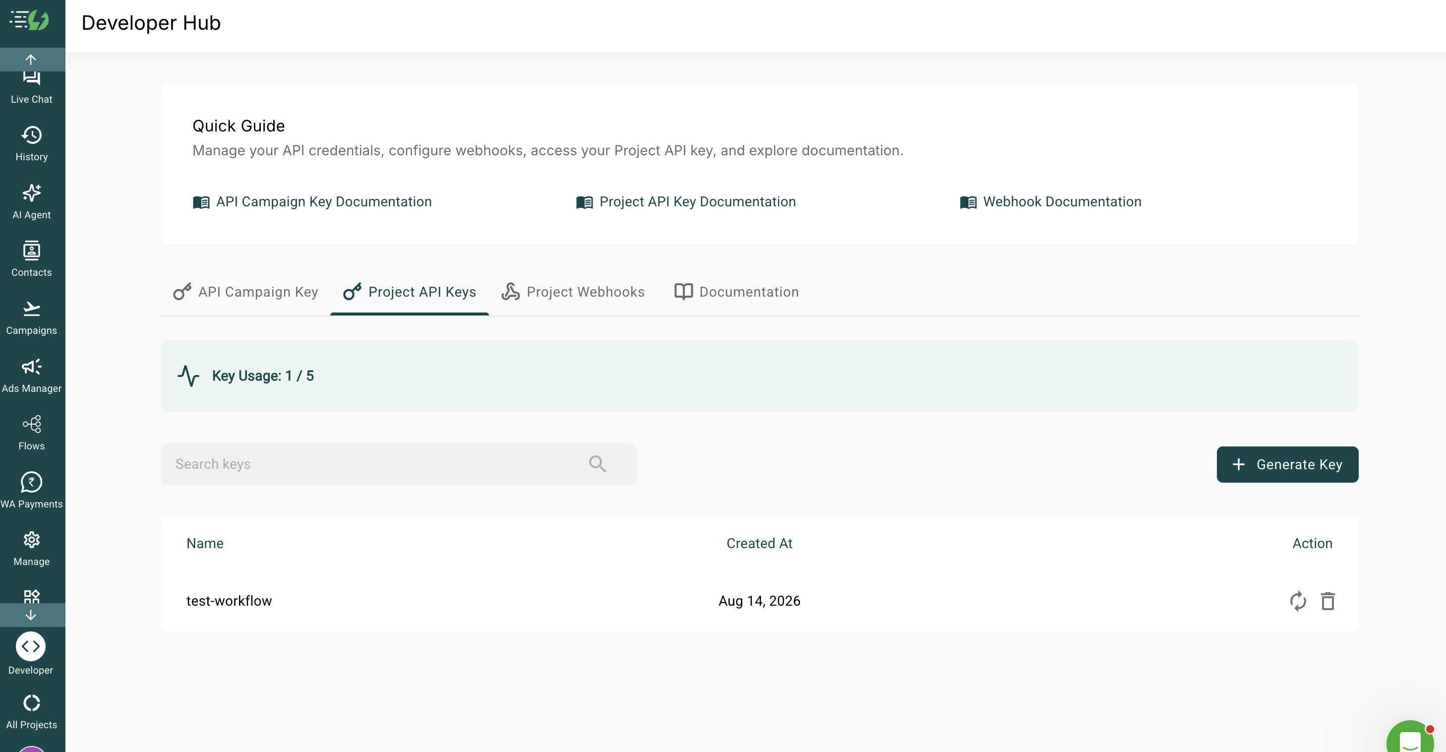 AiSensy Developer Hub showing the Project API Keys tab with a generated key named test-workflow