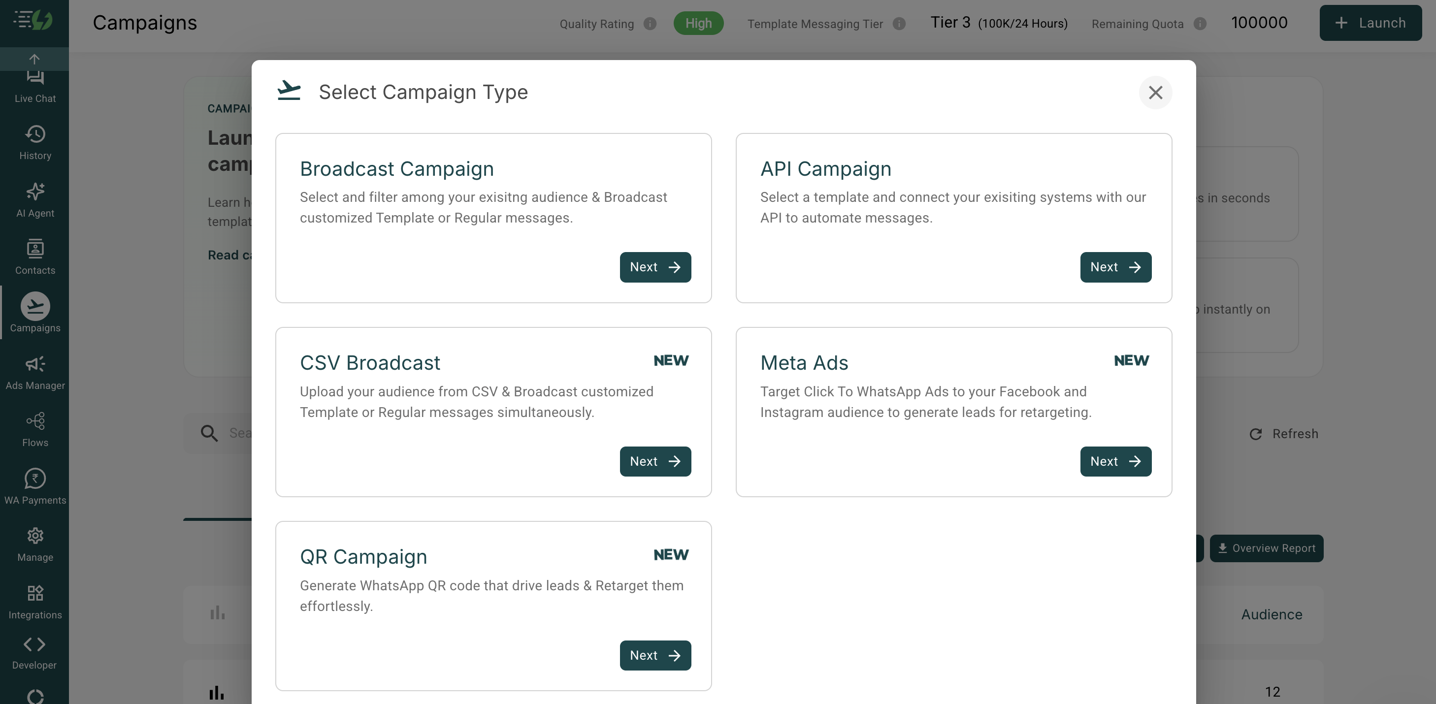 AiSensy Select Campaign Type dialog with options for Broadcast Campaign, API Campaign, CSV Broadcast, Meta Ads and QR Campaign