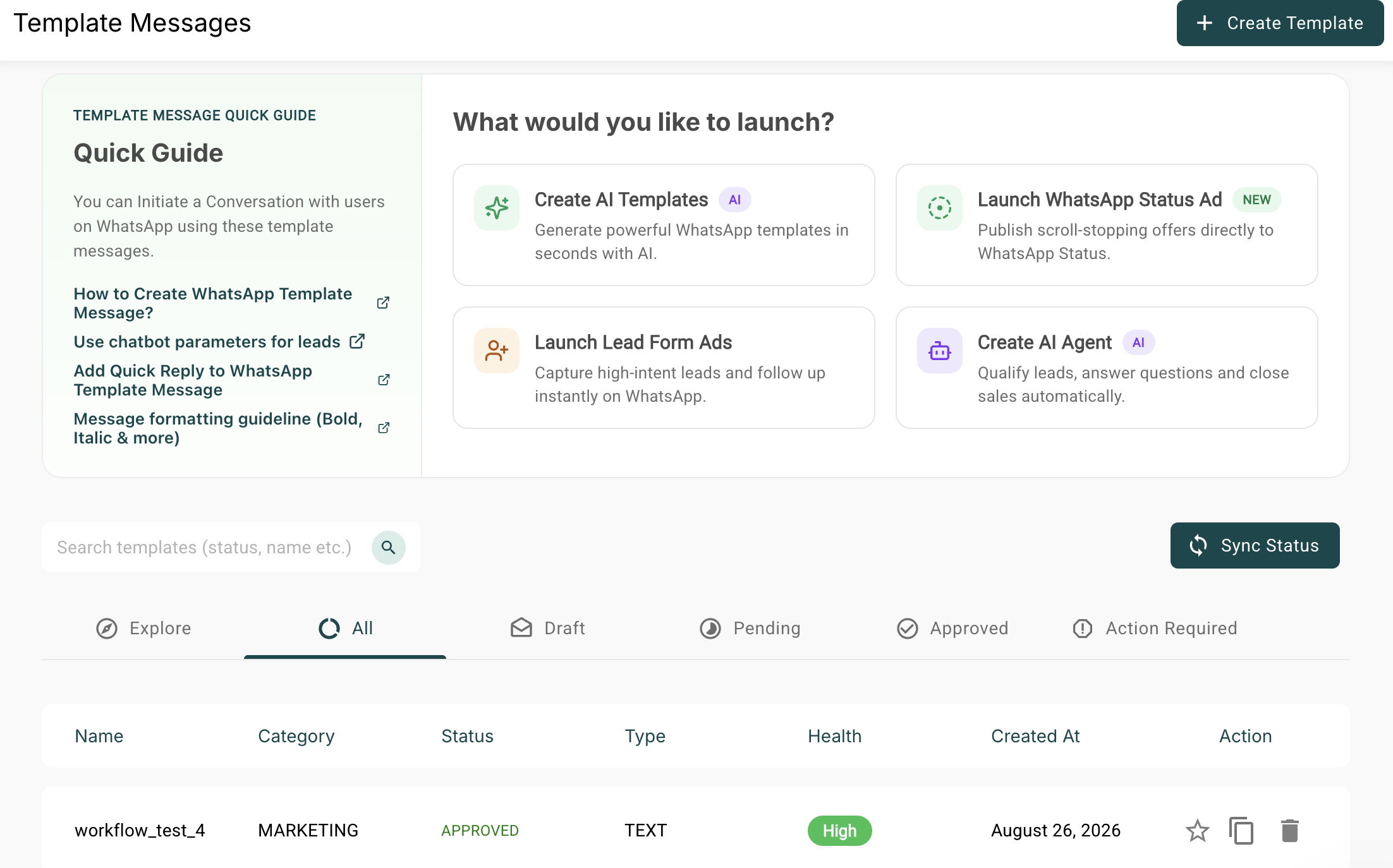 AiSensy Template Messages All tab listing a template named workflow_test_4 with status Approved