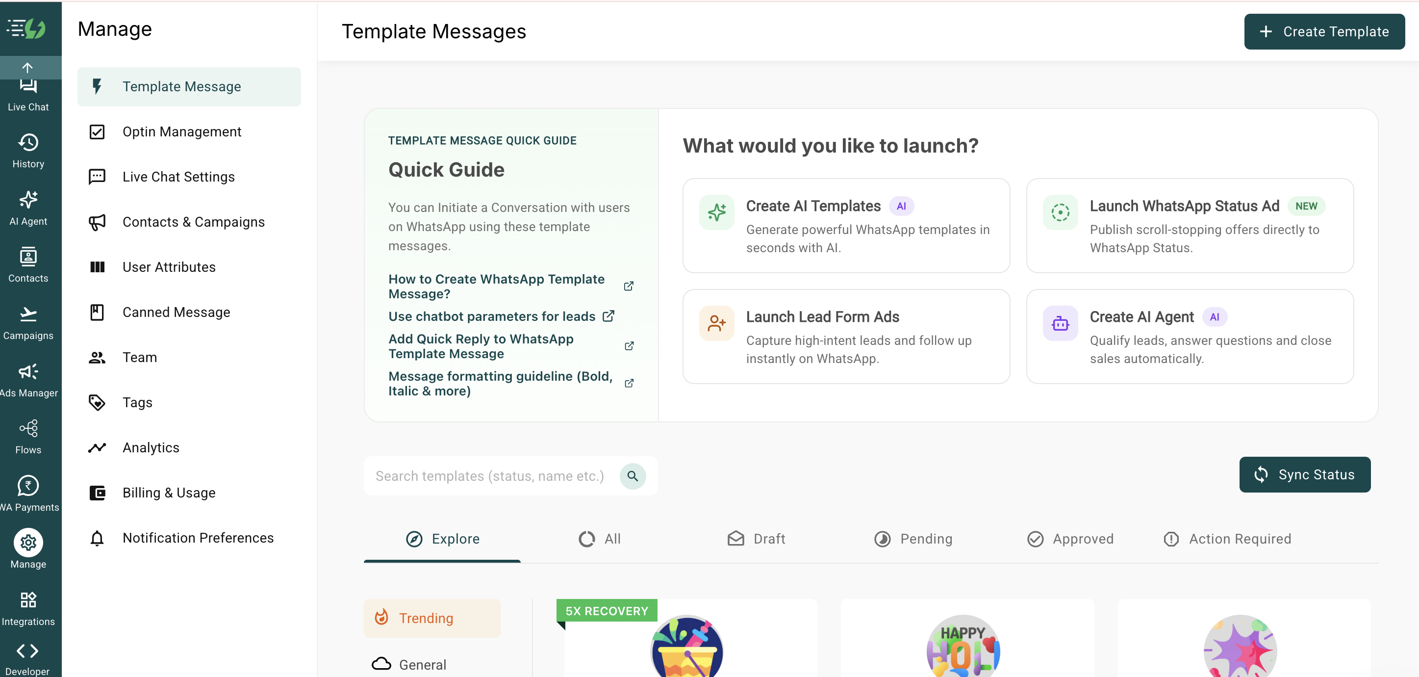 AiSensy Template Messages page with a Quick Guide panel and cards for Create AI Templates, Launch WhatsApp Status Ad, Launch Lead Form Ads and Create AI Agent