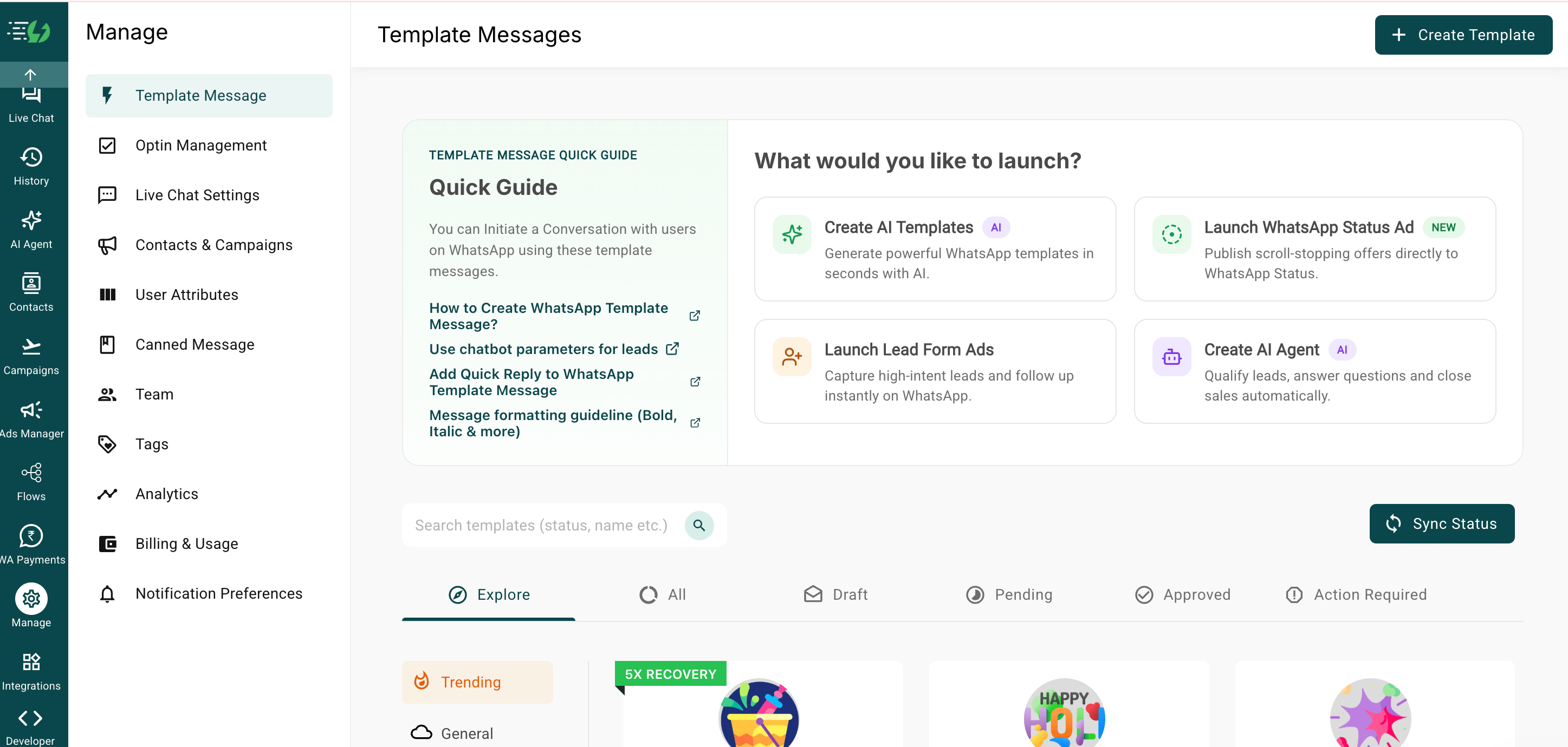 AiSensy Template Messages page with a Quick Guide panel and cards for Create AI Templates, Launch WhatsApp Status Ad, Launch Lead Form Ads and Create AI Agent