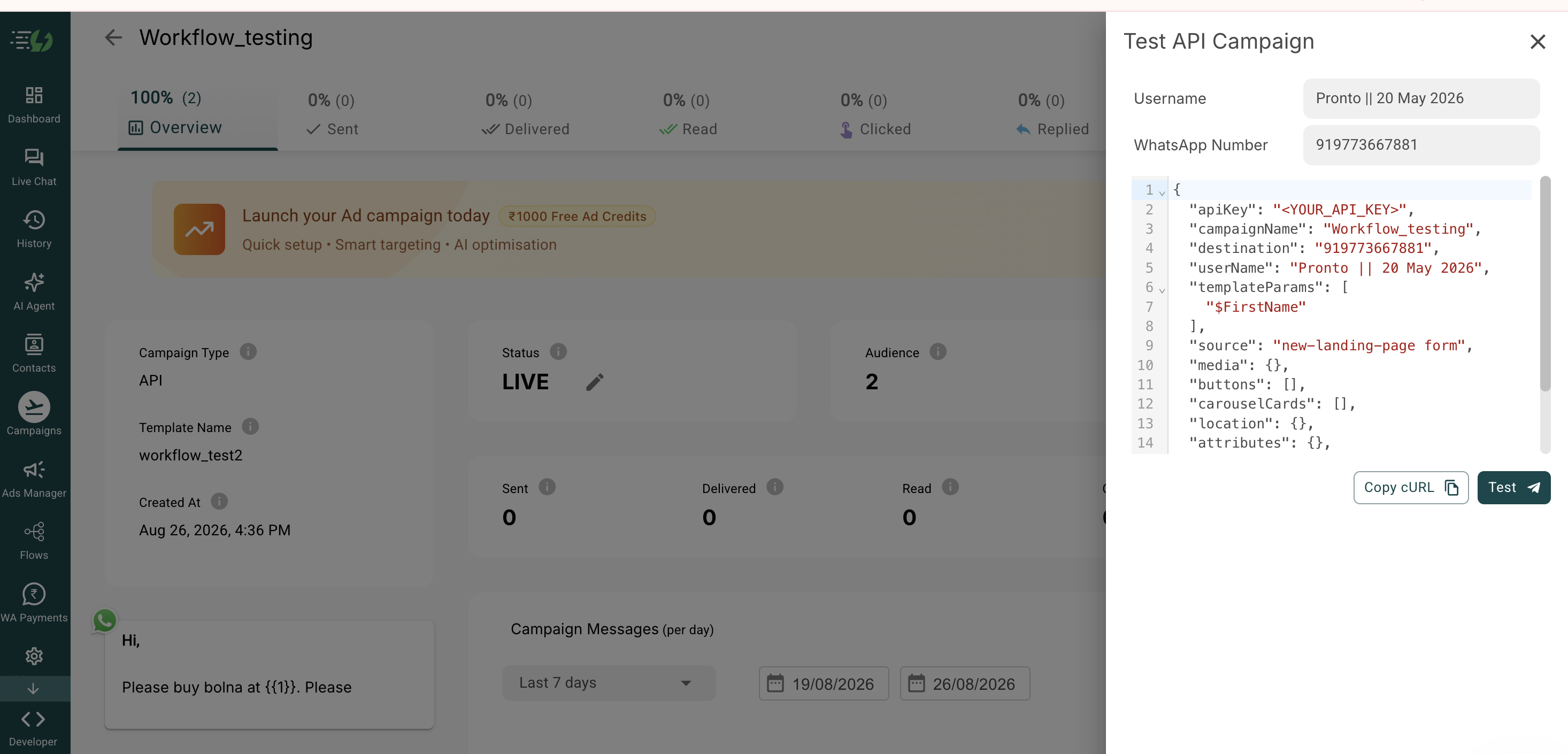 AiSensy Test API Campaign panel with a JSON payload including apiKey, campaignName, destination and templateParams fields