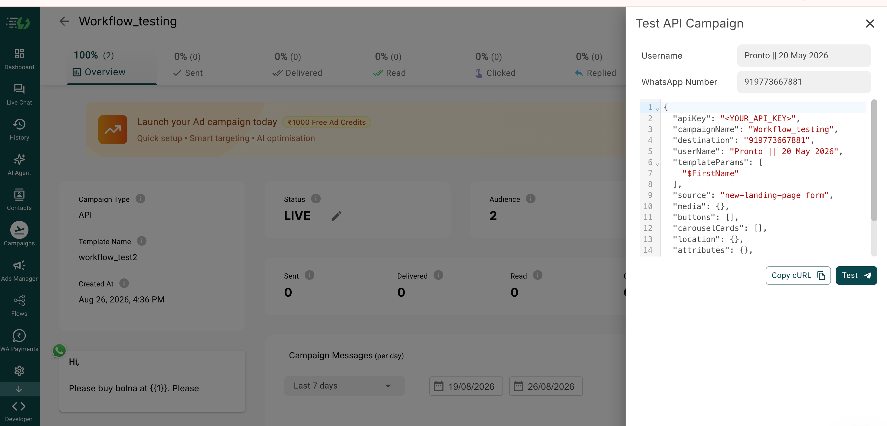 AiSensy Test API Campaign panel with a JSON payload including apiKey, campaignName, destination and templateParams fields