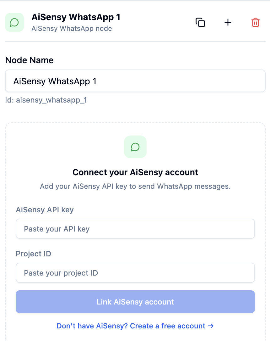 AiSensy WhatsApp node inspector with fields for AiSensy API key and Project ID, and a Link AiSensy account button