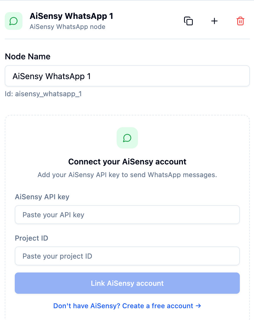 AiSensy WhatsApp node inspector with fields for AiSensy API key and Project ID, and a Link AiSensy account button
