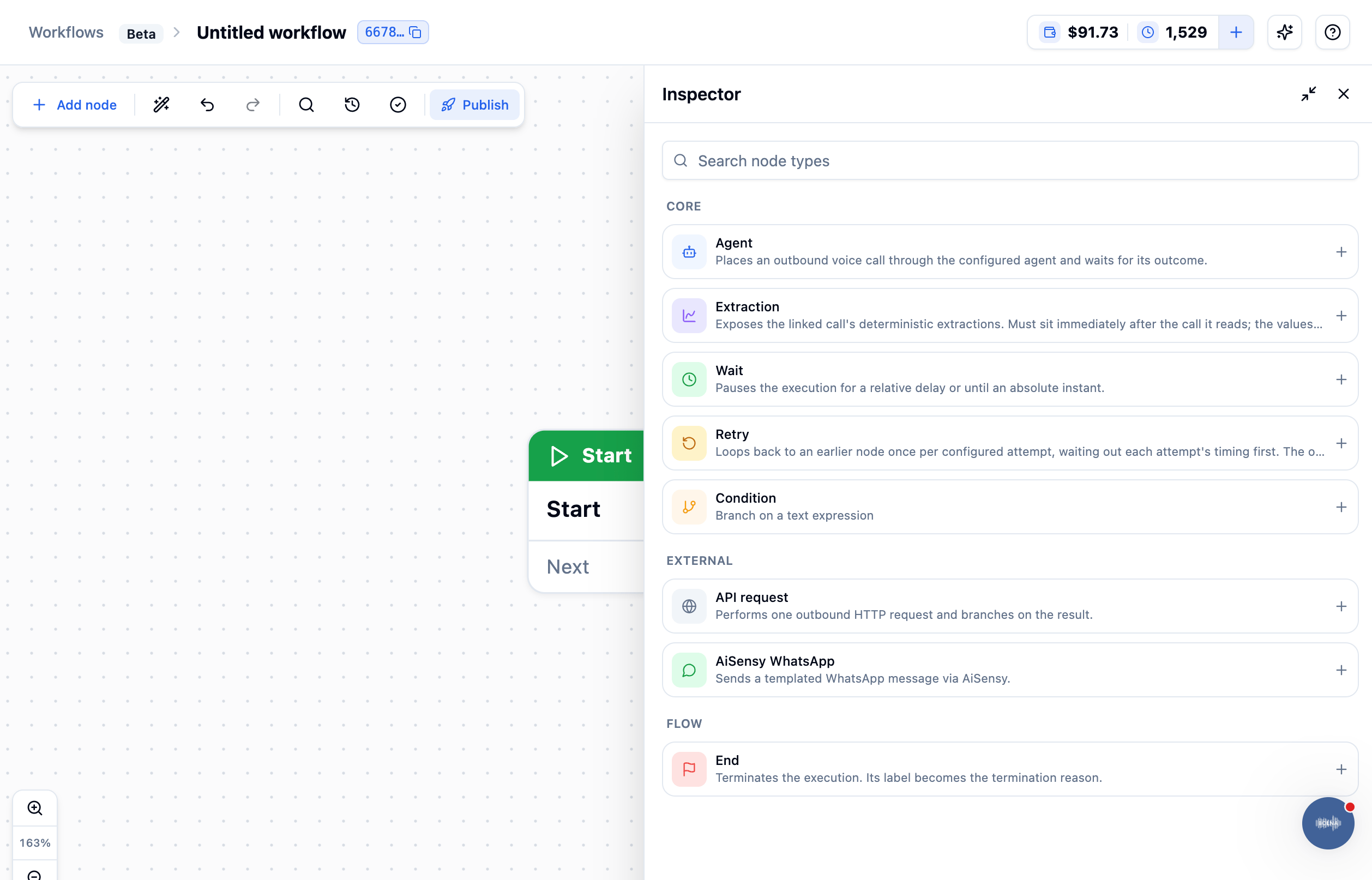Workflow editor canvas showing an Untitled workflow with a Start node and the Inspector panel open on the right listing addable node types