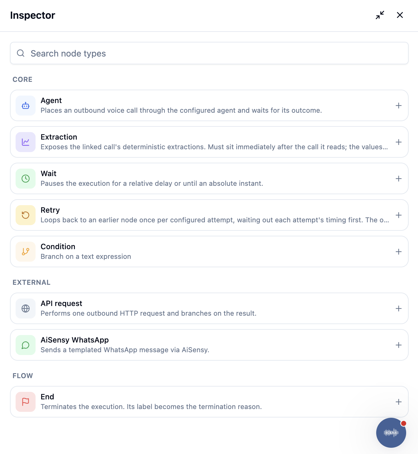 Inspector panel listing node types grouped under Core, External and Flow, each with a one-line description