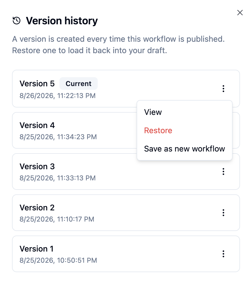 Version history entry context menu with View, Restore and Save as new workflow options