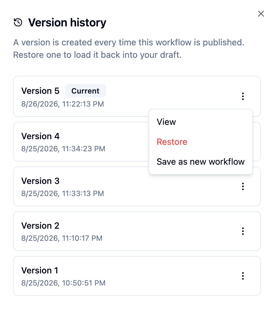 Version history entry context menu with View, Restore and Save as new workflow options