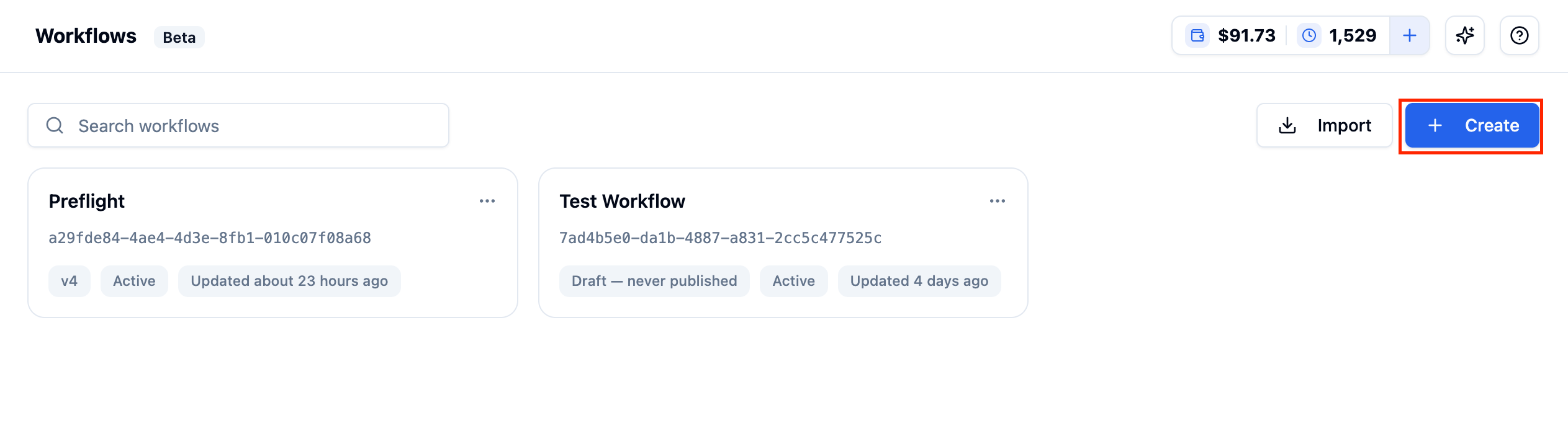 Bolna Workflows list page showing two workflow cards and Create and Import buttons in the top right